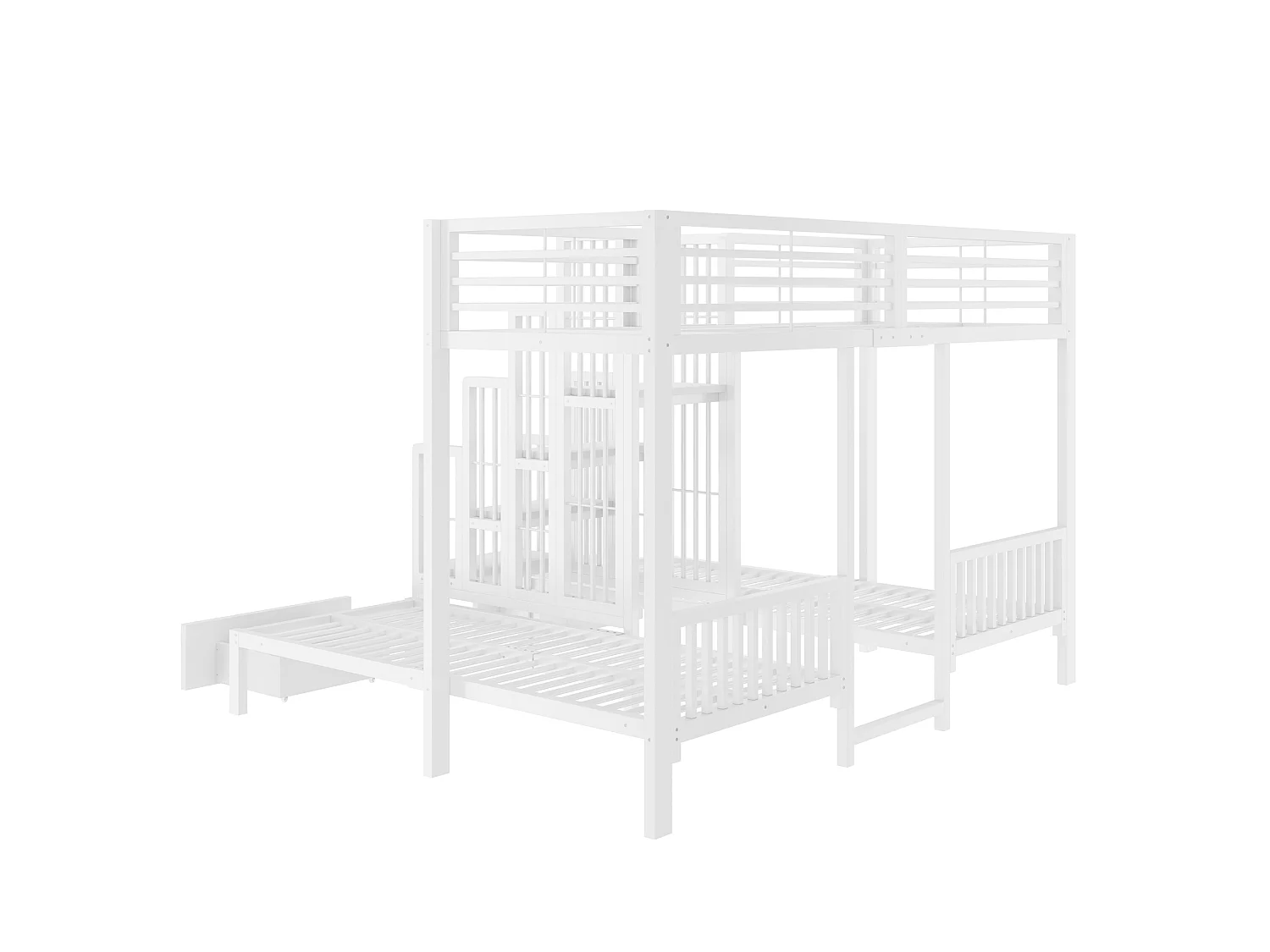 Metal stapelbed 90 x 200 cm - met trap - met veiligheidshekken - met 2 laden - wit (matras niet inbegrepen)