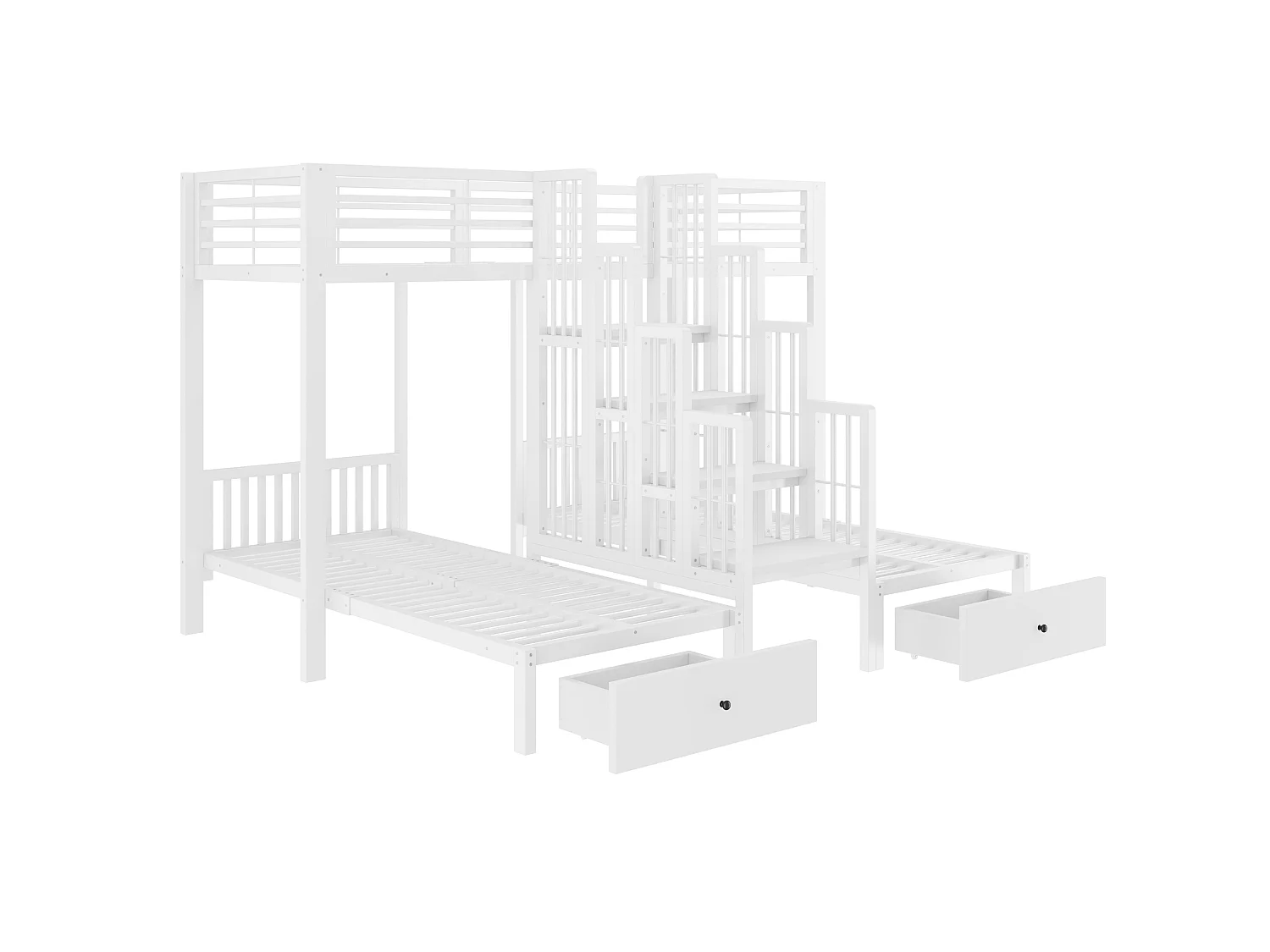 Metal stapelbed 90 x 200 cm - met trap - met veiligheidshekken - met 2 laden - wit (matras niet inbegrepen)
