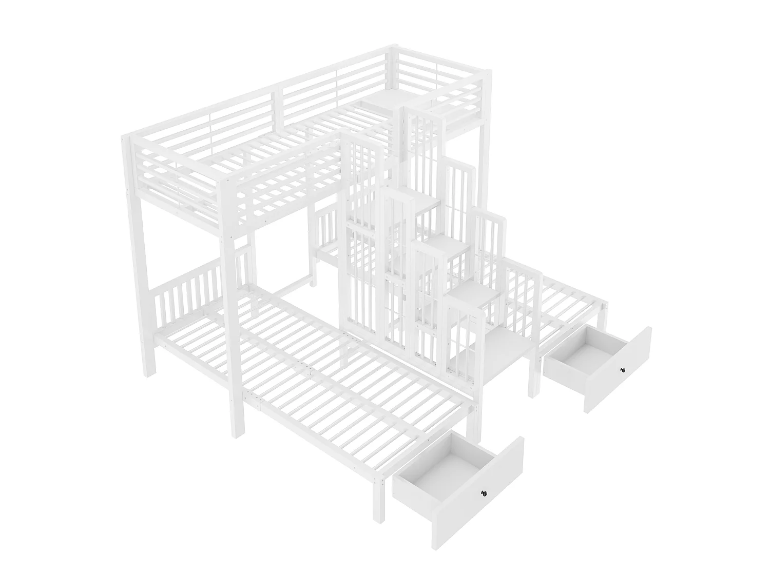 Metal stapelbed 90 x 200 cm - met trap - met veiligheidshekken - met 2 laden - wit (matras niet inbegrepen)
