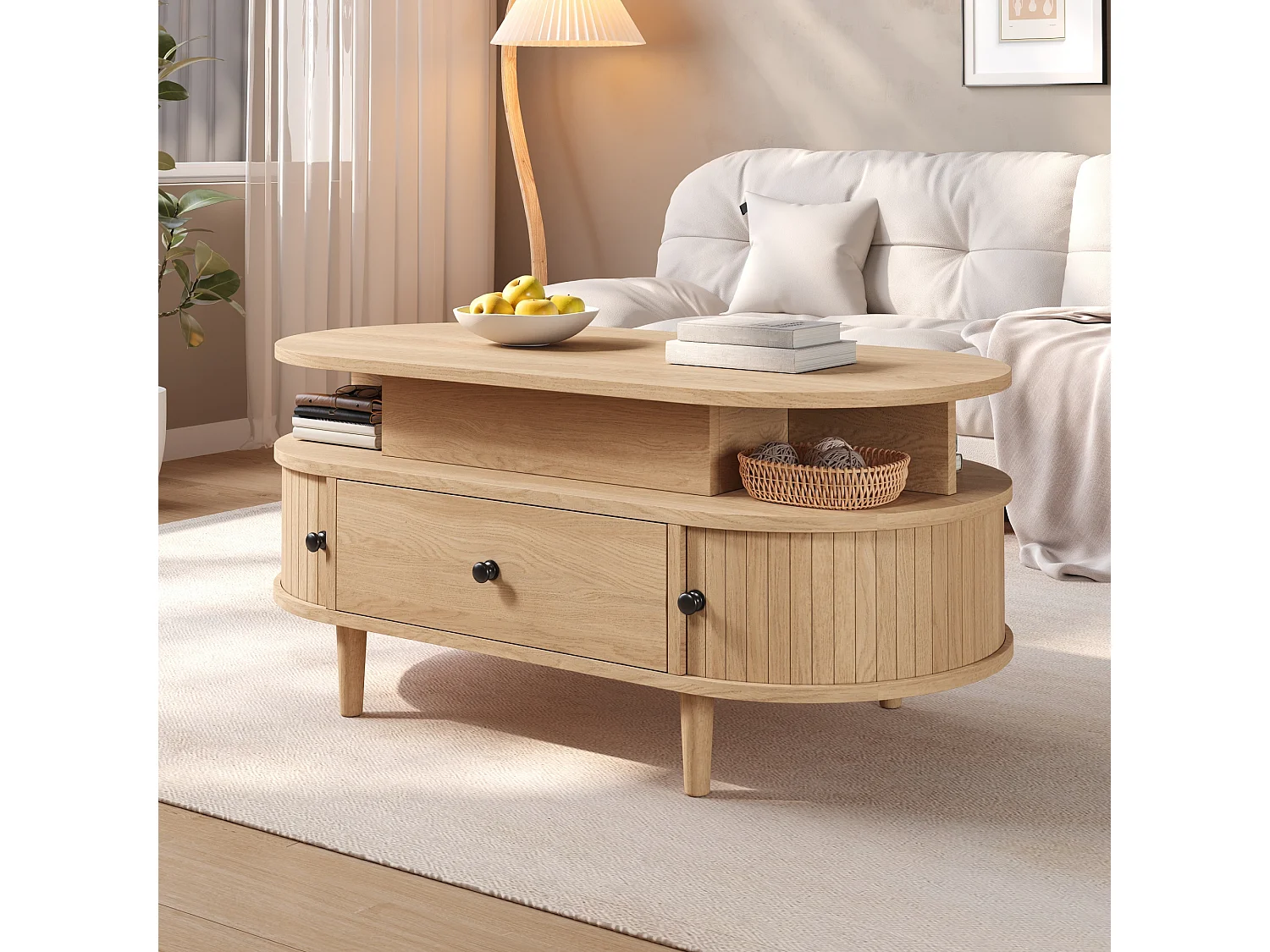 Ovale optrekbare salontafel 105x50x60,5cm - 1 lade en 2 schuifdeuren - Poten van rubberhout - MDF - Natuurlijk