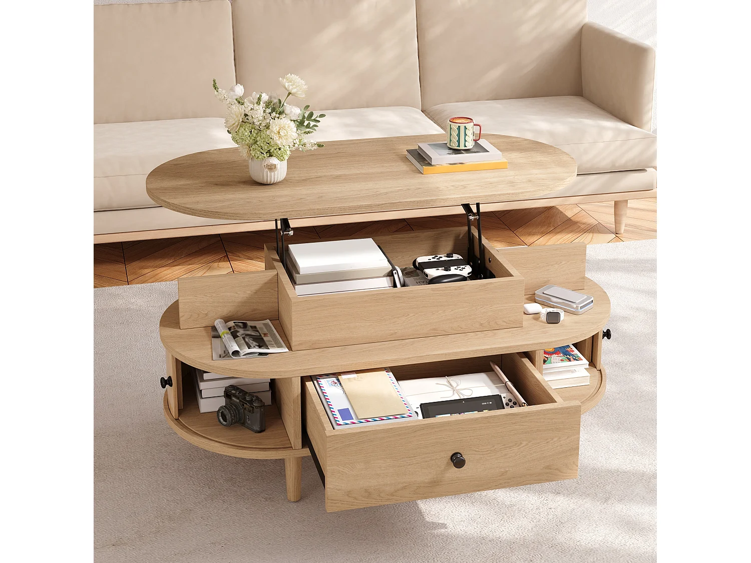 Ovale optrekbare salontafel 105x50x60,5cm - 1 lade en 2 schuifdeuren - Poten van rubberhout - MDF - Natuurlijk