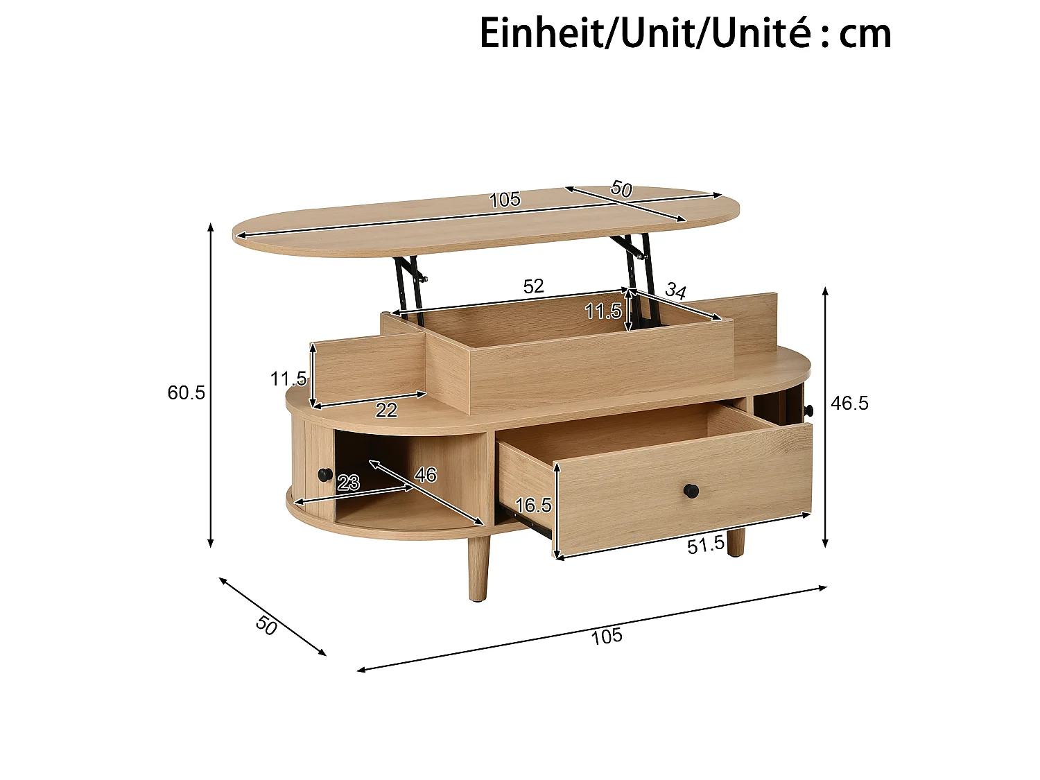Ovale optrekbare salontafel 105x50x60,5cm - 1 lade en 2 schuifdeuren - Poten van rubberhout - MDF - Natuurlijk