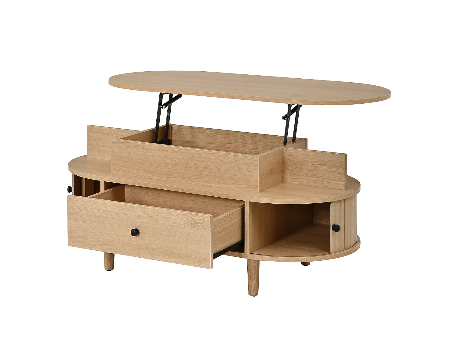 Ovale optrekbare salontafel 105x50x60,5cm - 1 lade en 2 schuifdeuren - Poten van rubberhout - MDF - Natuurlijk