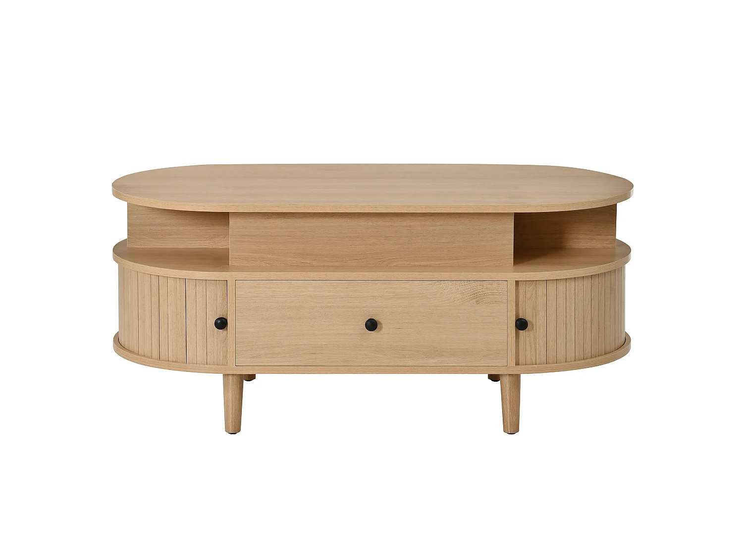 Ovale optrekbare salontafel 105x50x60,5cm - 1 lade en 2 schuifdeuren - Poten van rubberhout - MDF - Natuurlijk
