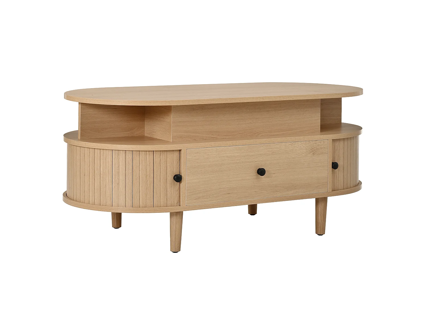 Ovale optrekbare salontafel 105x50x60,5cm - 1 lade en 2 schuifdeuren - Poten van rubberhout - MDF - Natuurlijk
