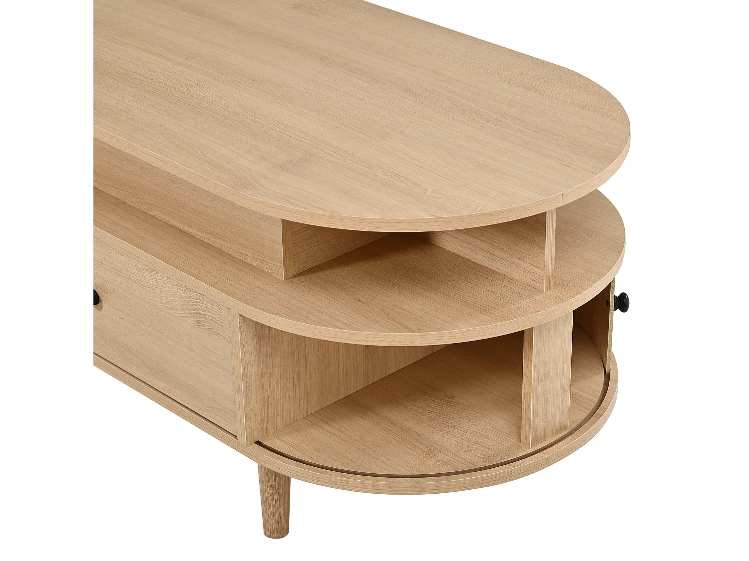 Ovale optrekbare salontafel 105x50x60,5cm - 1 lade en 2 schuifdeuren - Poten van rubberhout - MDF - Natuurlijk