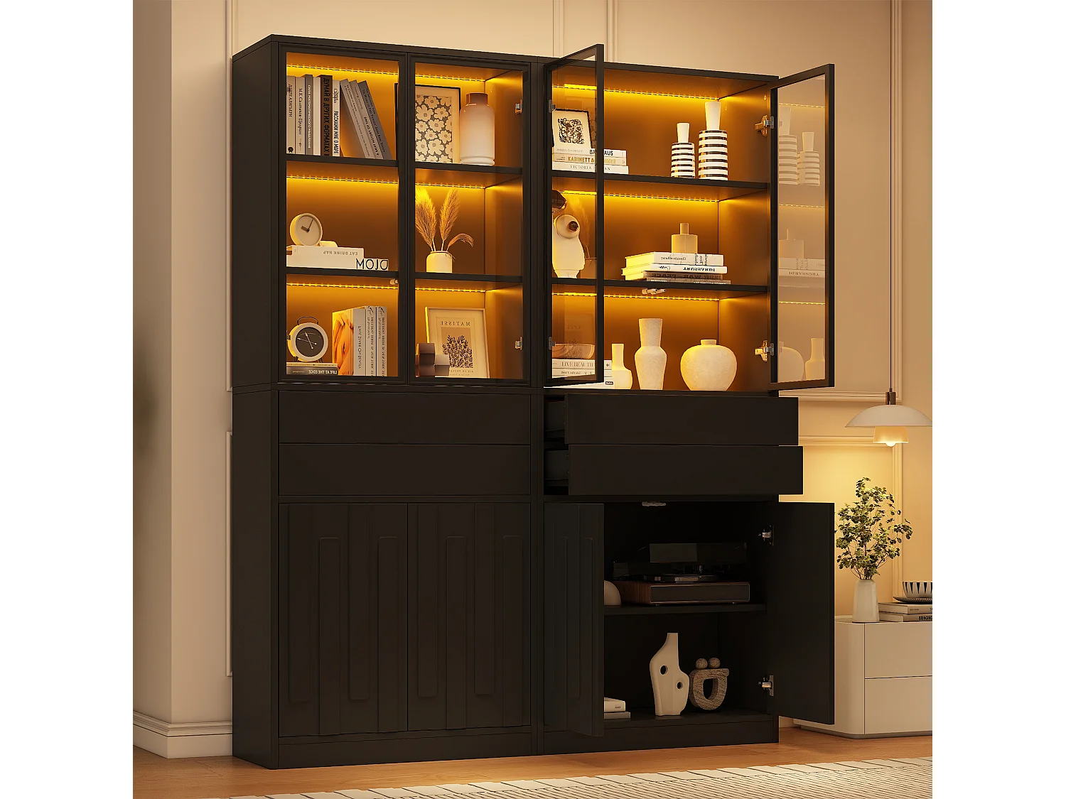 Vitrine 140x34x180 cm - 8 portes et 4 tiroirs - Vitrine vitrée avec éclairage LED - Panneaux de particules - Noir