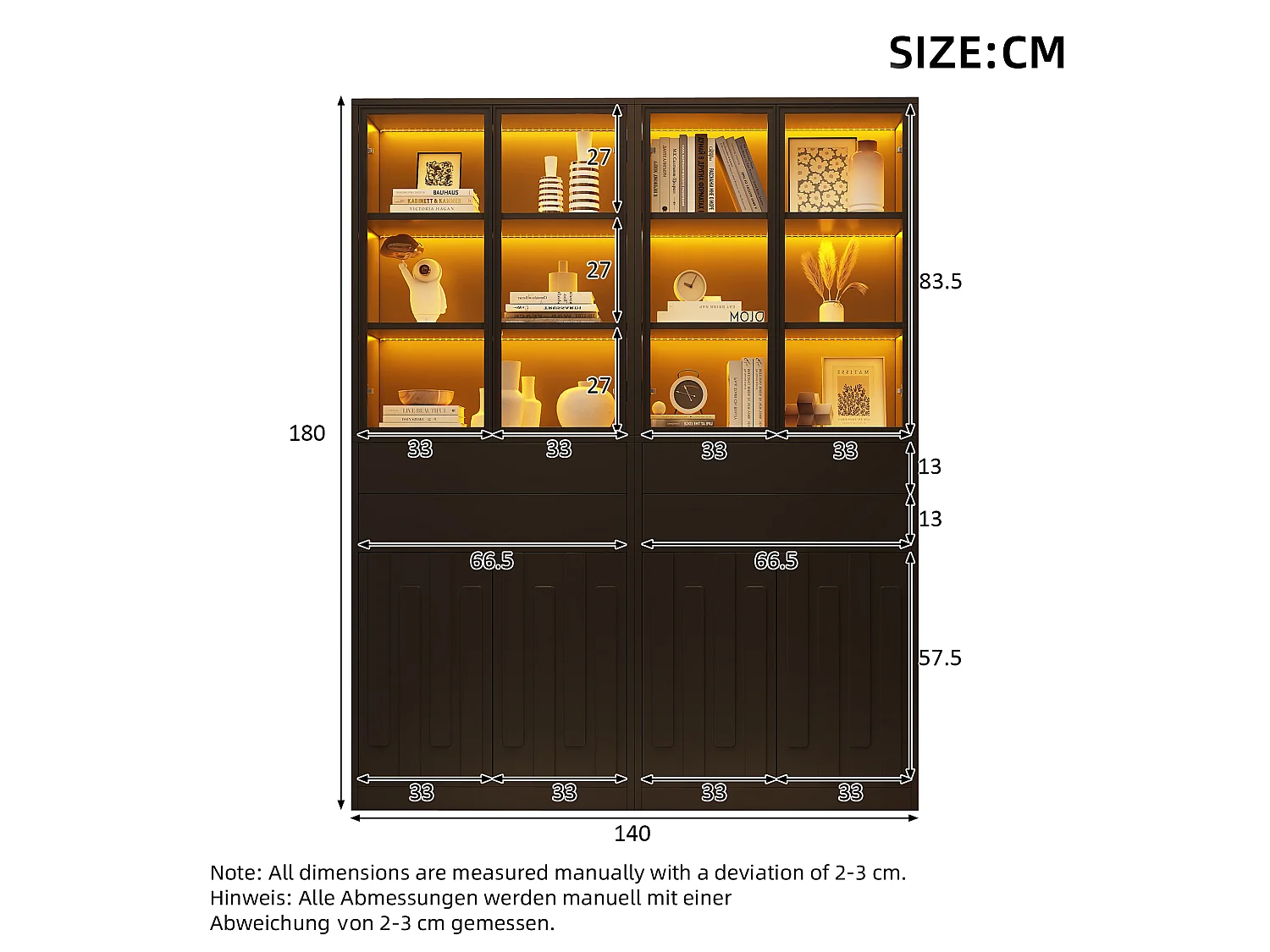 Vitrine 140x34x180 cm - 8 portes et 4 tiroirs - Vitrine vitrée avec éclairage LED - Panneaux de particules - Noir