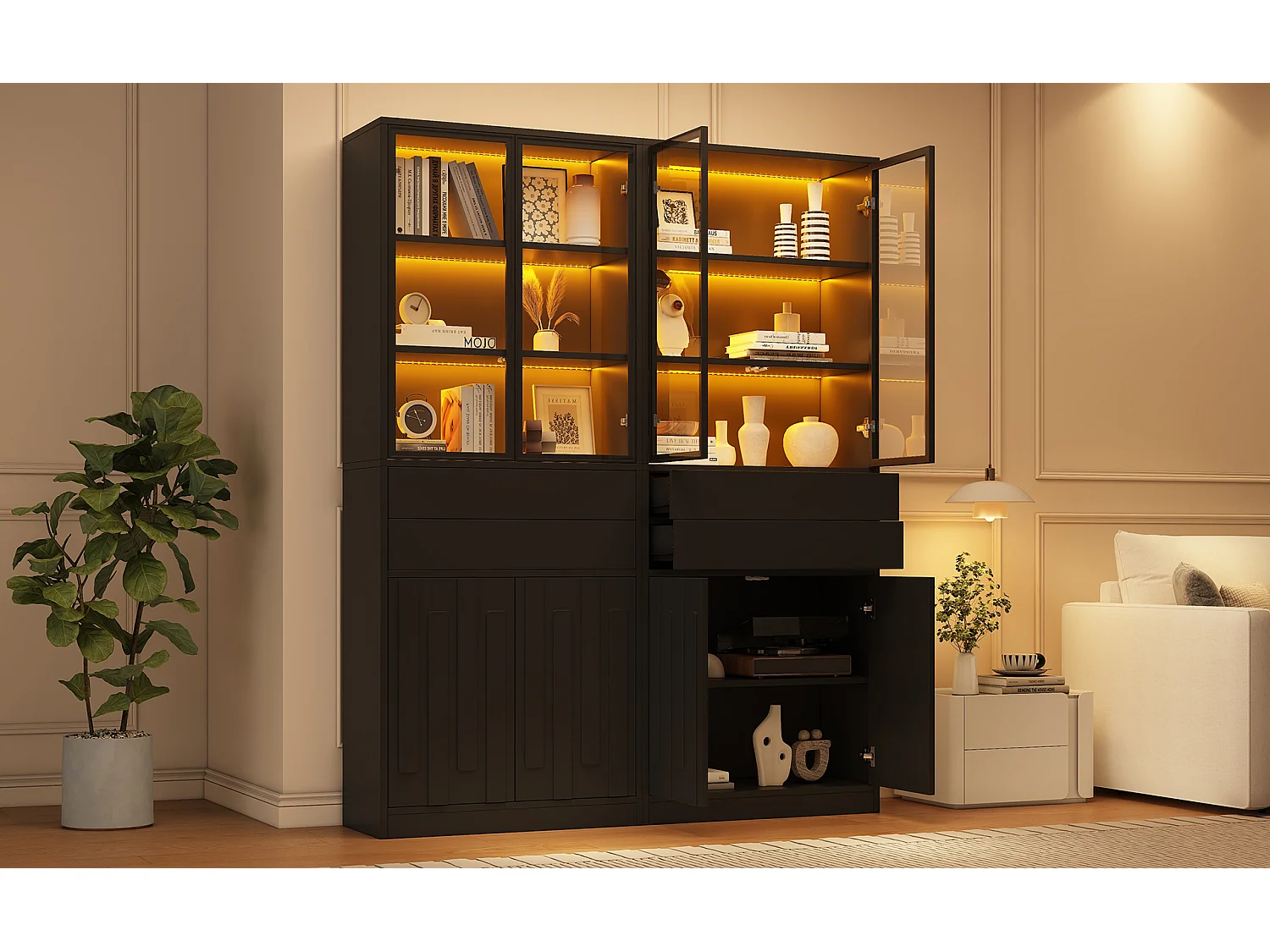 Vitrine 140x34x180 cm - 8 portes et 4 tiroirs - Vitrine vitrée avec éclairage LED - Panneaux de particules - Noir