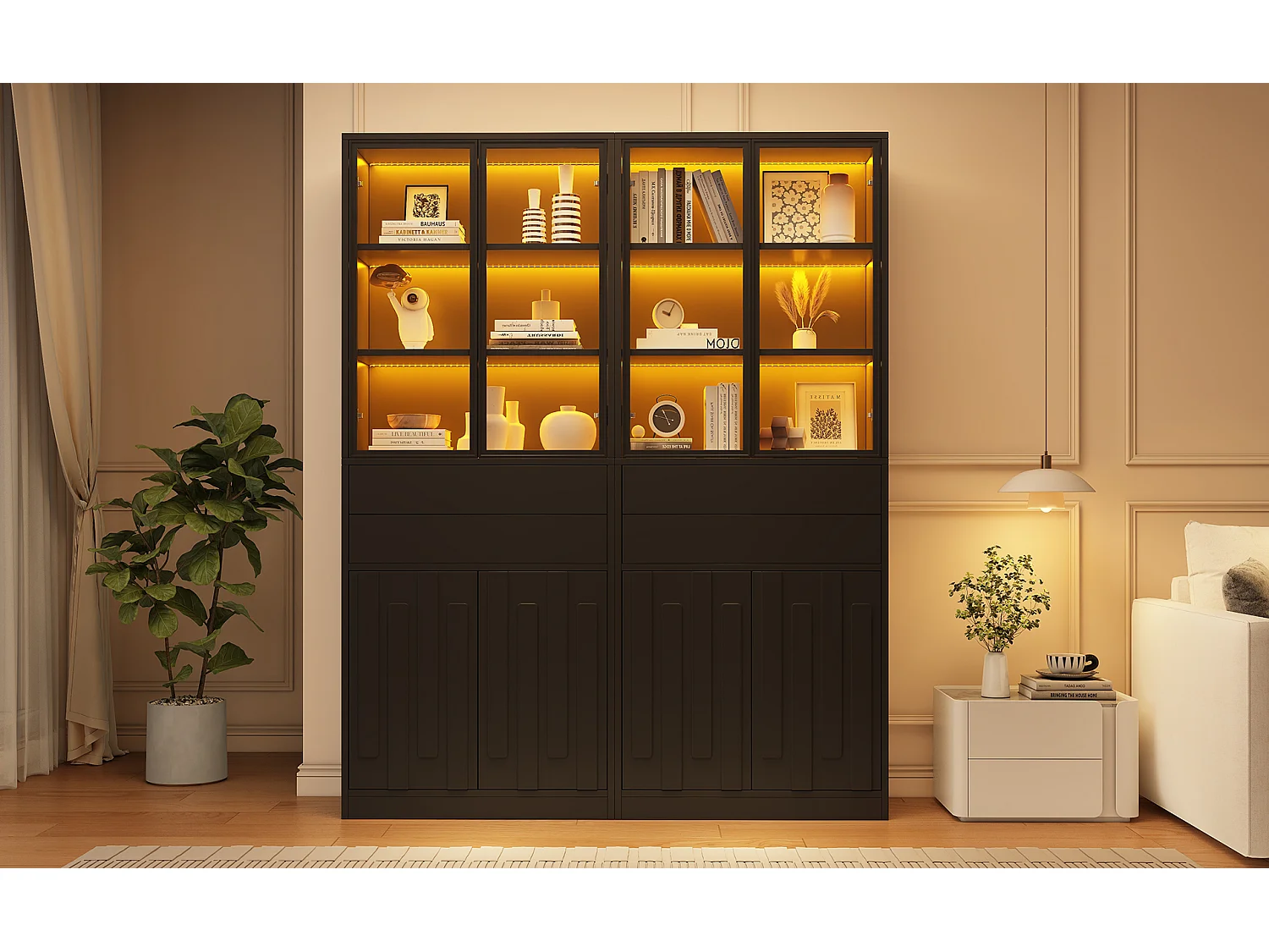 Vitrine 140x34x180 cm - 8 portes et 4 tiroirs - Vitrine vitrée avec éclairage LED - Panneaux de particules - Noir