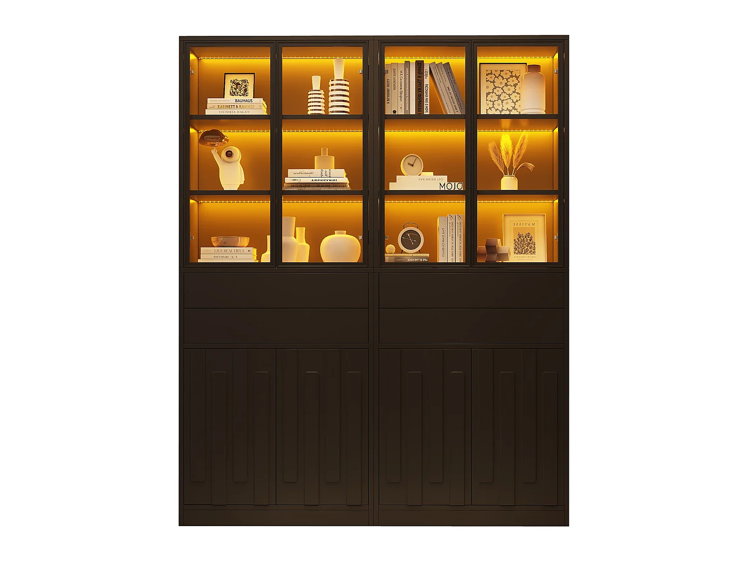 Vitrine 140x34x180 cm - 8 portes et 4 tiroirs - Vitrine vitrée avec éclairage LED - Panneaux de particules - Noir