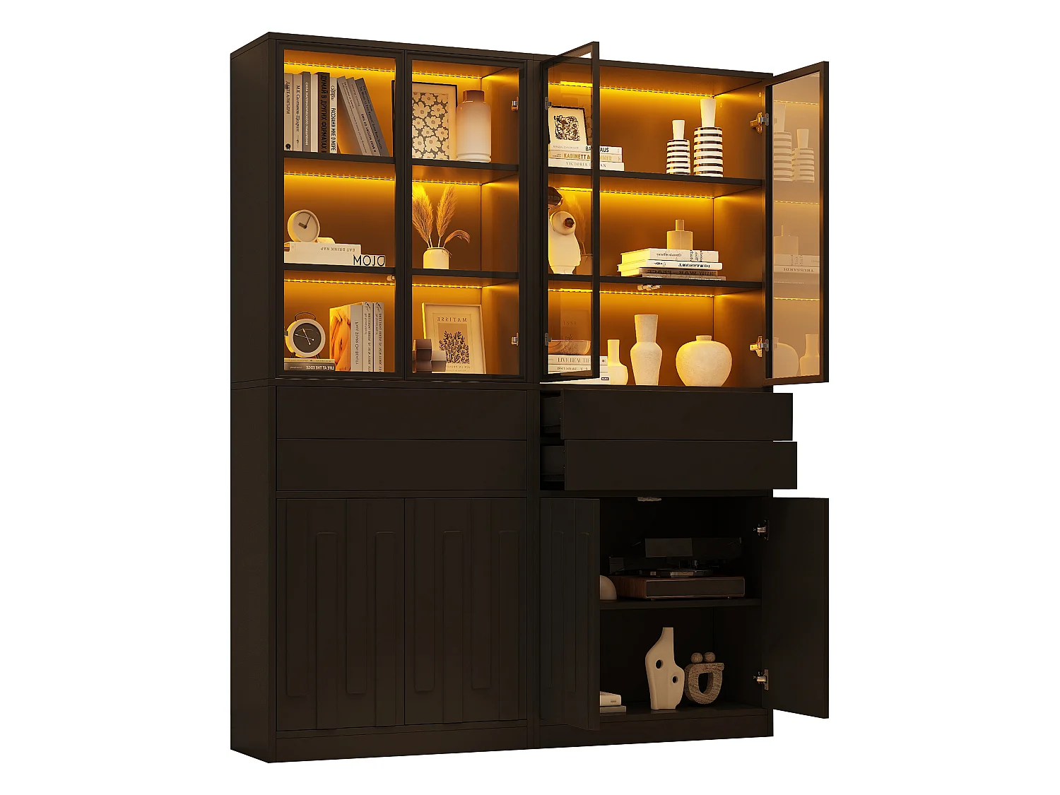 Vitrine 140x34x180 cm - 8 portes et 4 tiroirs - Vitrine vitrée avec éclairage LED - Panneaux de particules - Noir