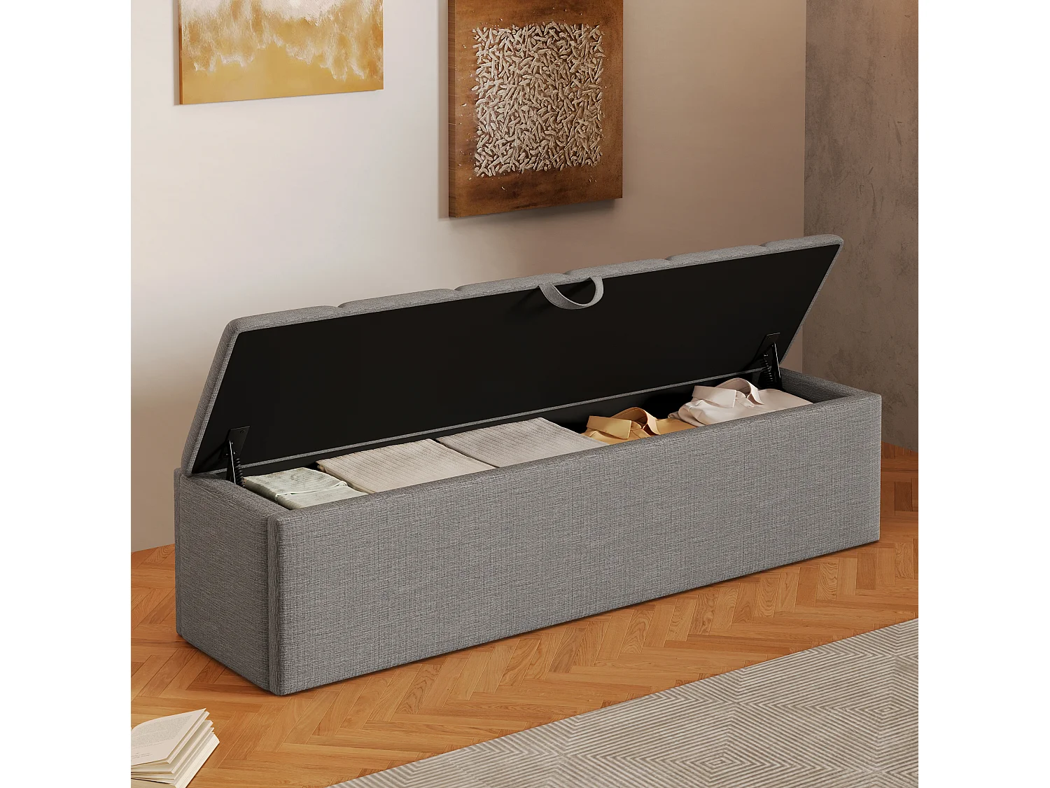 Opbergbank 113 x 32 x 36 cm - Mobiel - Met opbergruimte - Veloursstof - Grijs