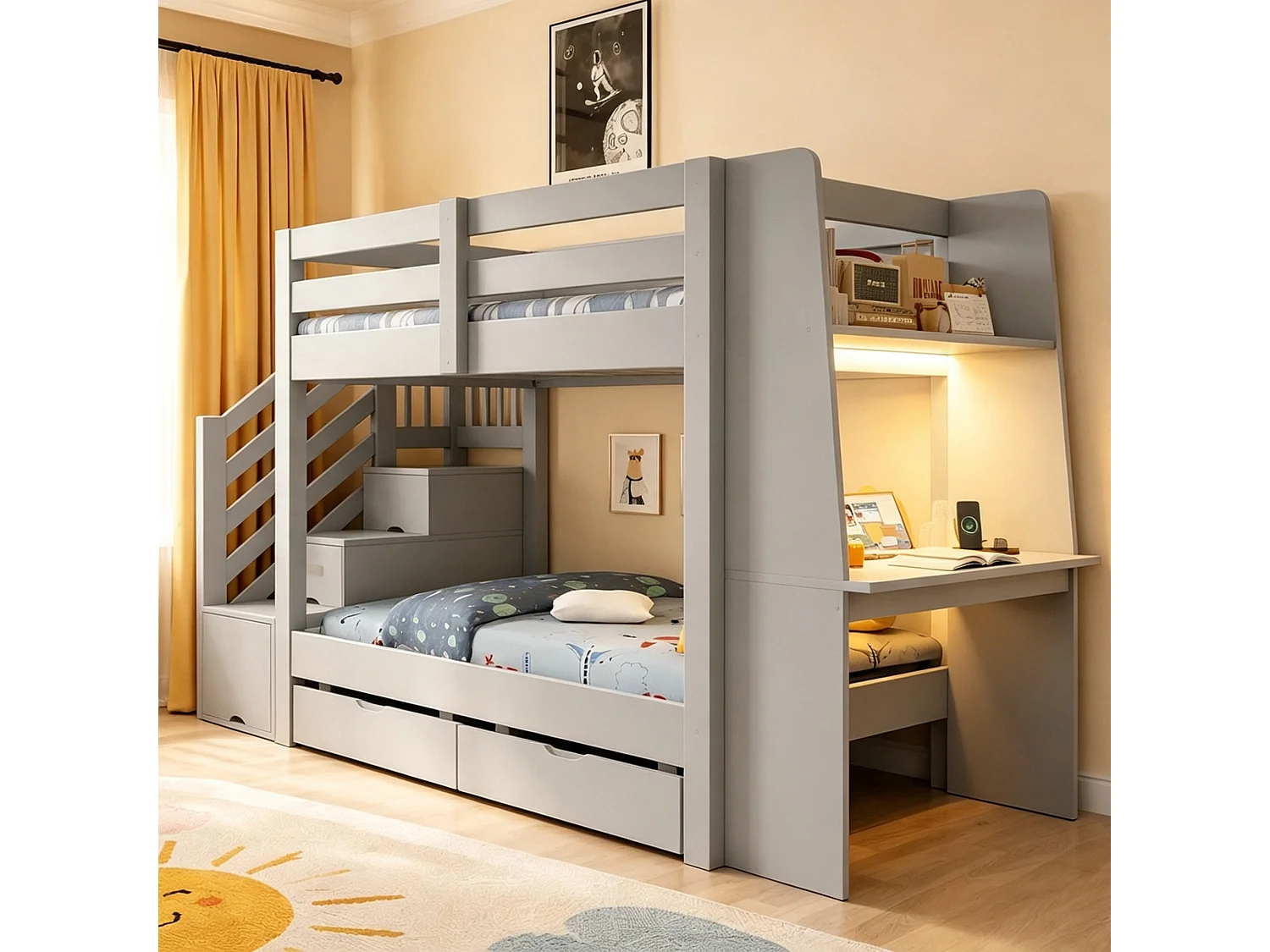 Hoogslapend bed 90 x 200 cm - met ladder - met ingebouwd bureau - met LED-verlichting - met elektrisch stopcontact - met 2 laden - grijs (matras niet inbegrepen)