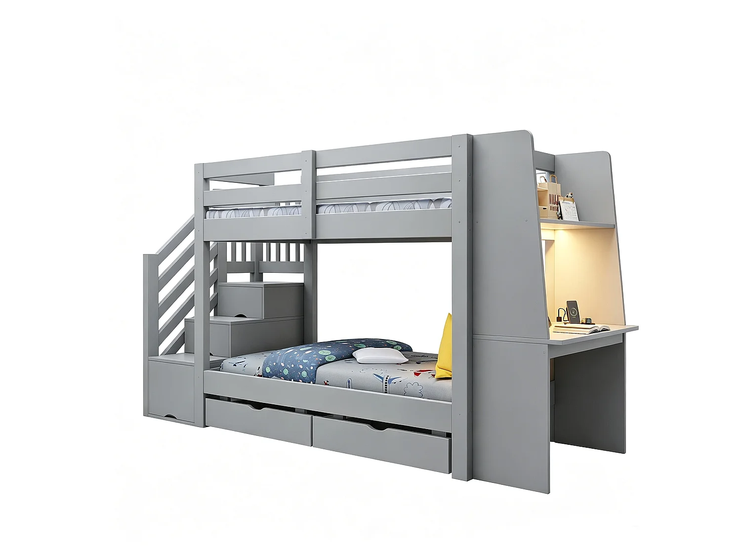 Hoogslapend bed 90 x 200 cm - met ladder - met ingebouwd bureau - met LED-verlichting - met elektrisch stopcontact - met 2 laden - grijs (matras niet inbegrepen)