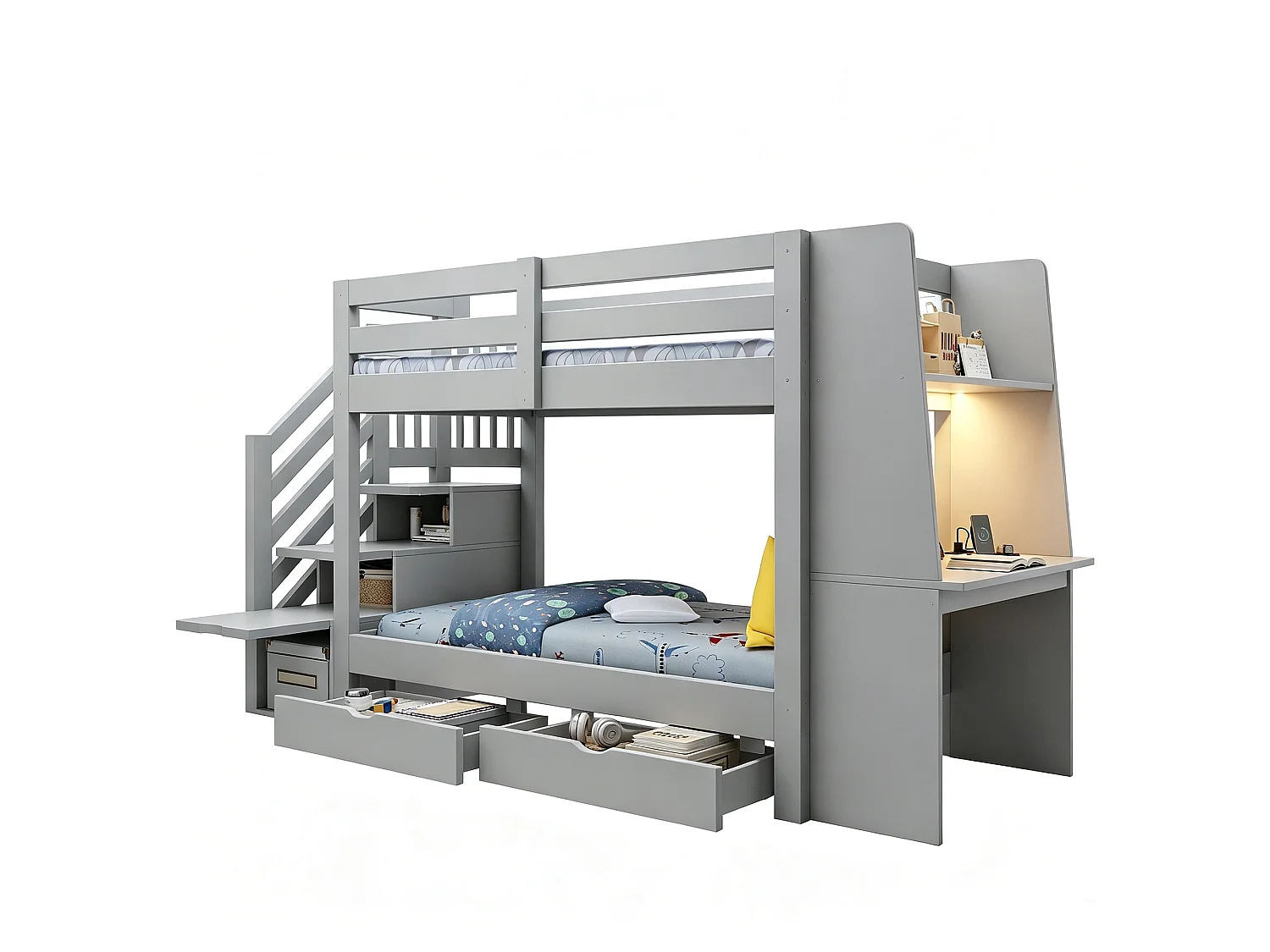 Hoogslapend bed 90 x 200 cm - met ladder - met ingebouwd bureau - met LED-verlichting - met elektrisch stopcontact - met 2 laden - grijs (matras niet inbegrepen)