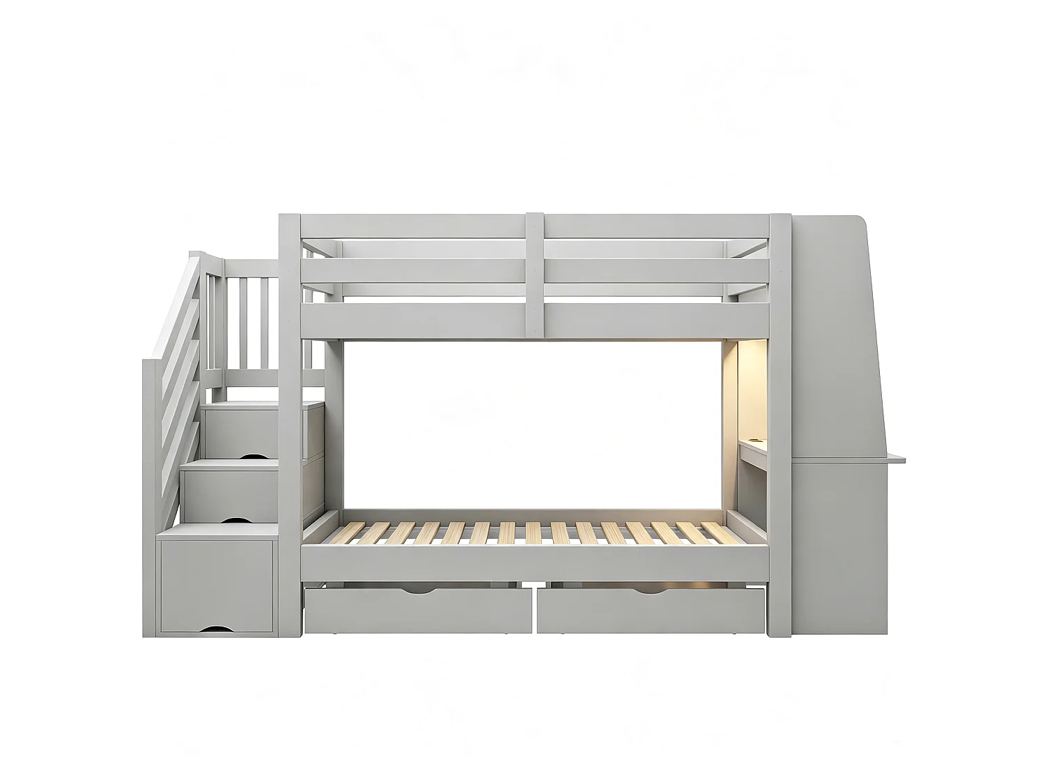 Hoogslapend bed 90 x 200 cm - met ladder - met ingebouwd bureau - met LED-verlichting - met elektrisch stopcontact - met 2 laden - grijs (matras niet inbegrepen)
