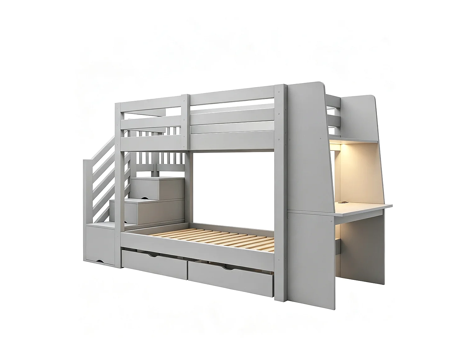 Hoogslapend bed 90 x 200 cm - met ladder - met ingebouwd bureau - met LED-verlichting - met elektrisch stopcontact - met 2 laden - grijs (matras niet inbegrepen)