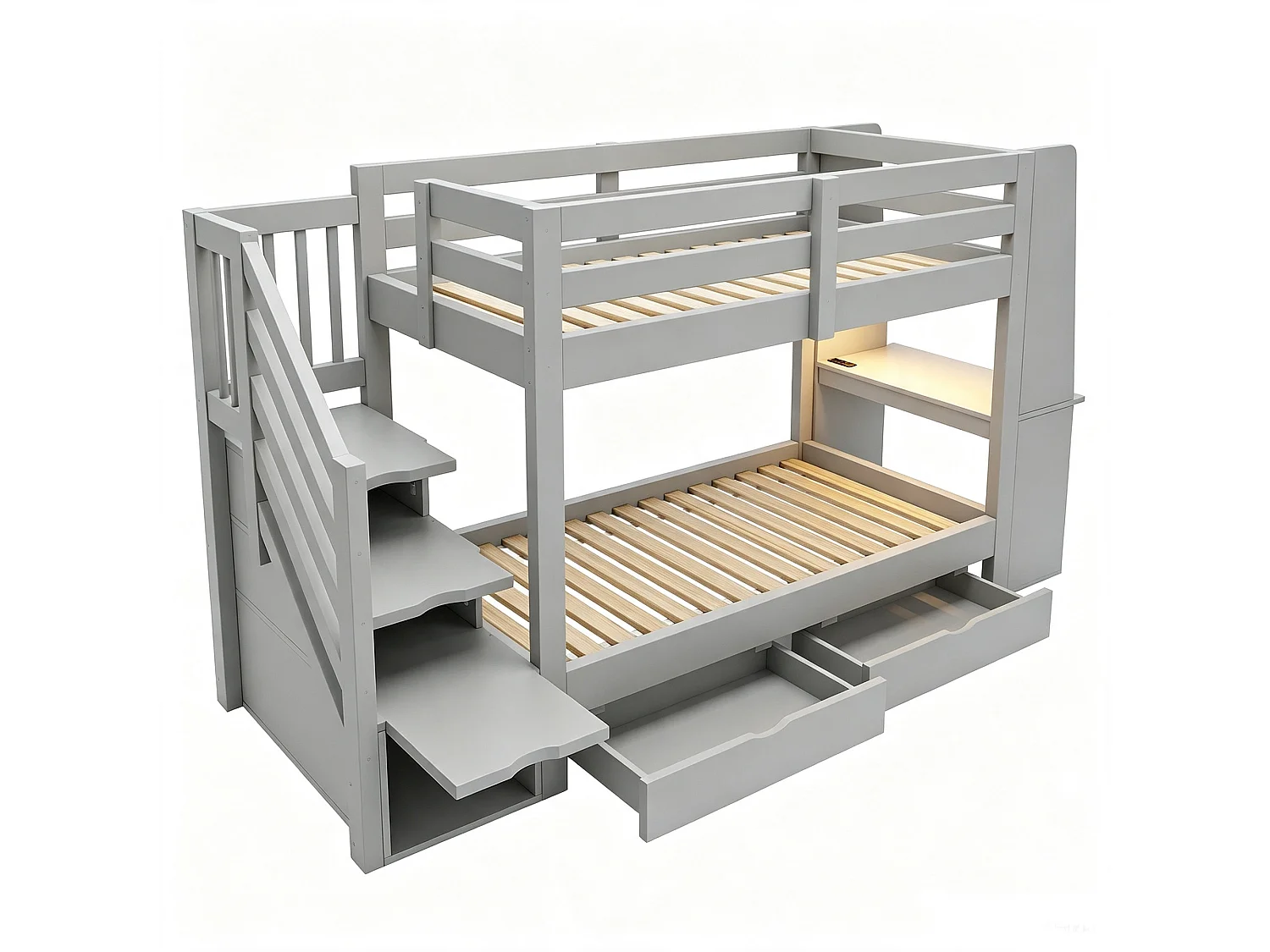 Hoogslapend bed 90 x 200 cm - met ladder - met ingebouwd bureau - met LED-verlichting - met elektrisch stopcontact - met 2 laden - grijs (matras niet inbegrepen)