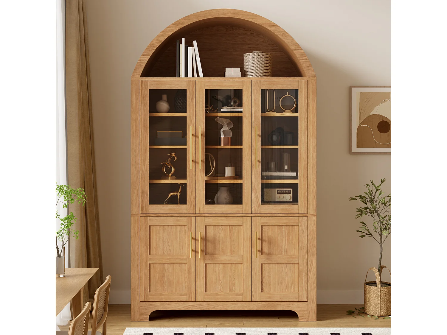 Moderne buebuffet 110x40x185 cm - 3 glasdøre, 3 opbevaringsrum og justerbare hylder - MDF - Natur