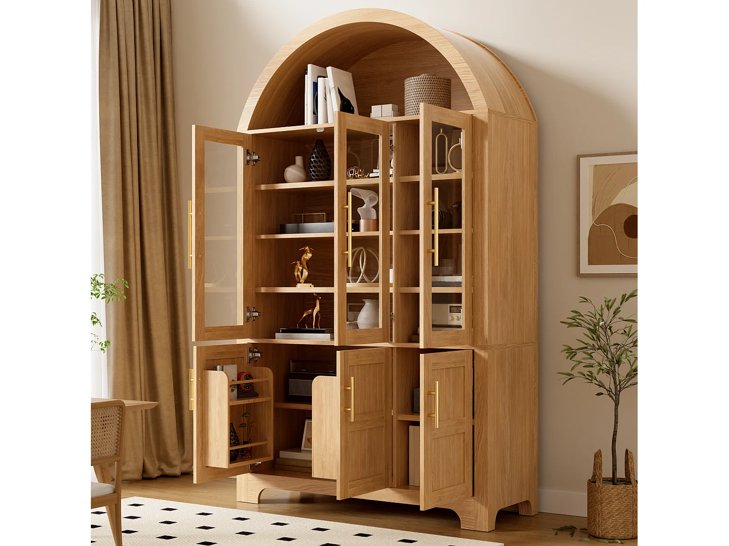 Moderne buebuffet 110x40x185 cm - 3 glasdøre, 3 opbevaringsrum og justerbare hylder - MDF - Natur