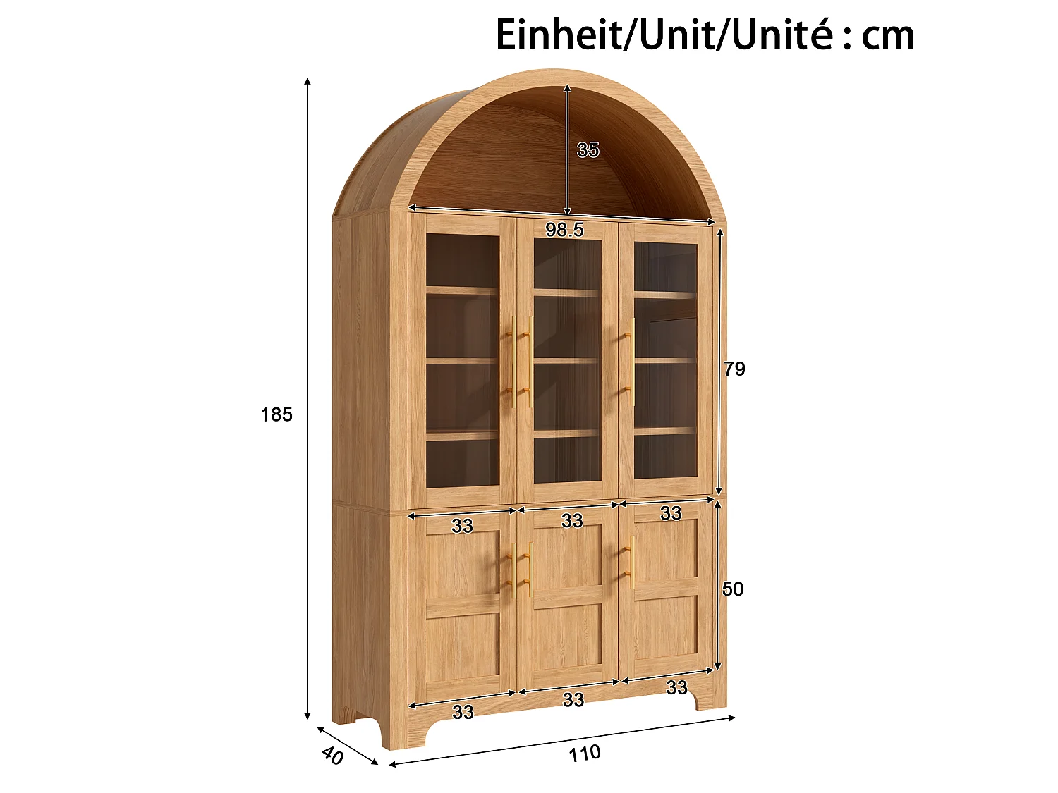 Moderne buebuffet 110x40x185 cm - 3 glasdøre, 3 opbevaringsrum og justerbare hylder - MDF - Natur