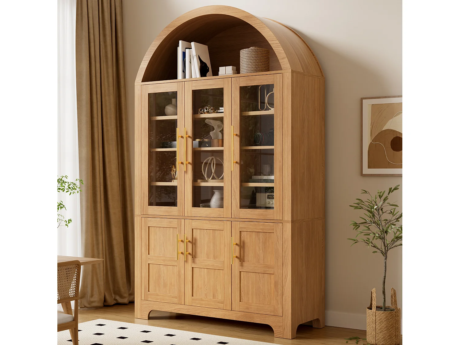 Moderne buebuffet 110x40x185 cm - 3 glasdøre, 3 opbevaringsrum og justerbare hylder - MDF - Natur