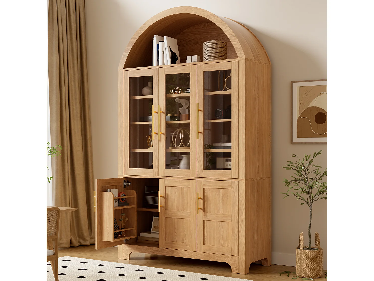 Moderne buebuffet 110x40x185 cm - 3 glasdøre, 3 opbevaringsrum og justerbare hylder - MDF - Natur