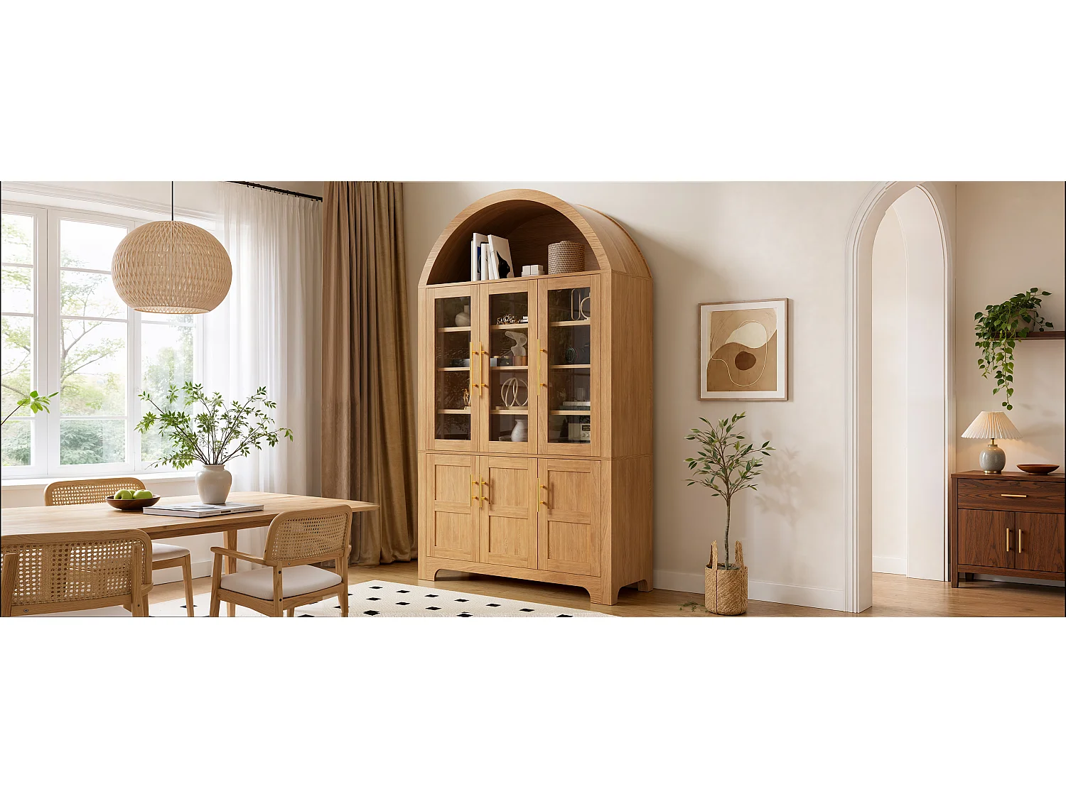 Moderne buebuffet 110x40x185 cm - 3 glasdøre, 3 opbevaringsrum og justerbare hylder - MDF - Natur