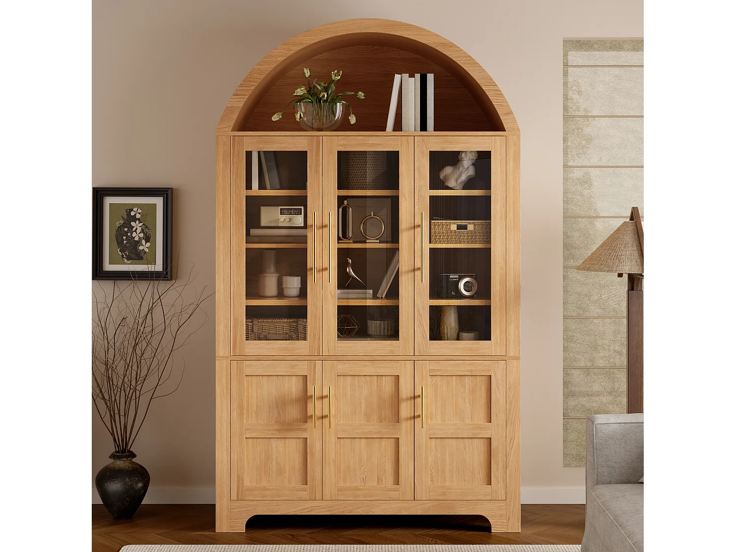 Moderne buebuffet 110x40x185 cm - 3 glasdøre, 3 opbevaringsrum og justerbare hylder - MDF - Natur