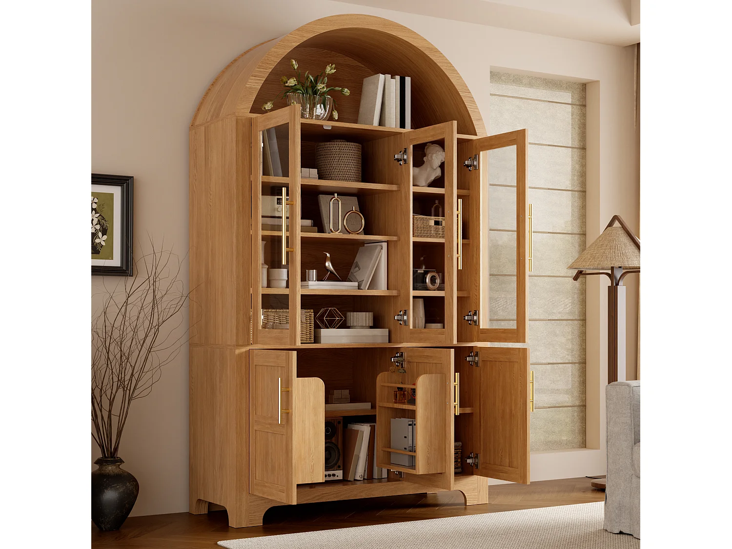 Moderne buebuffet 110x40x185 cm - 3 glasdøre, 3 opbevaringsrum og justerbare hylder - MDF - Natur