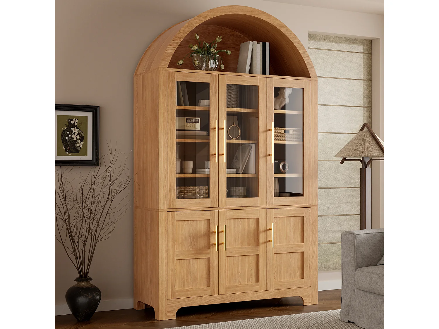 Moderne buebuffet 110x40x185 cm - 3 glasdøre, 3 opbevaringsrum og justerbare hylder - MDF - Natur