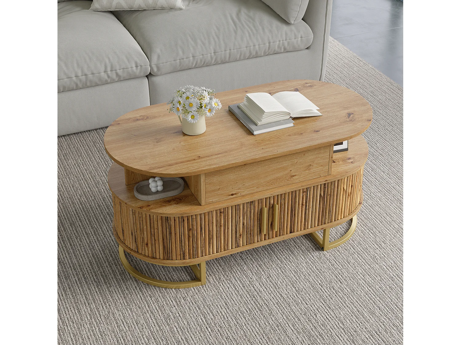 Table basse ovale relevable 100x50x64 cm - Hauteur réglable - 2 portes coulissantes - Structure en tubes d'acier - MDF - Naturel