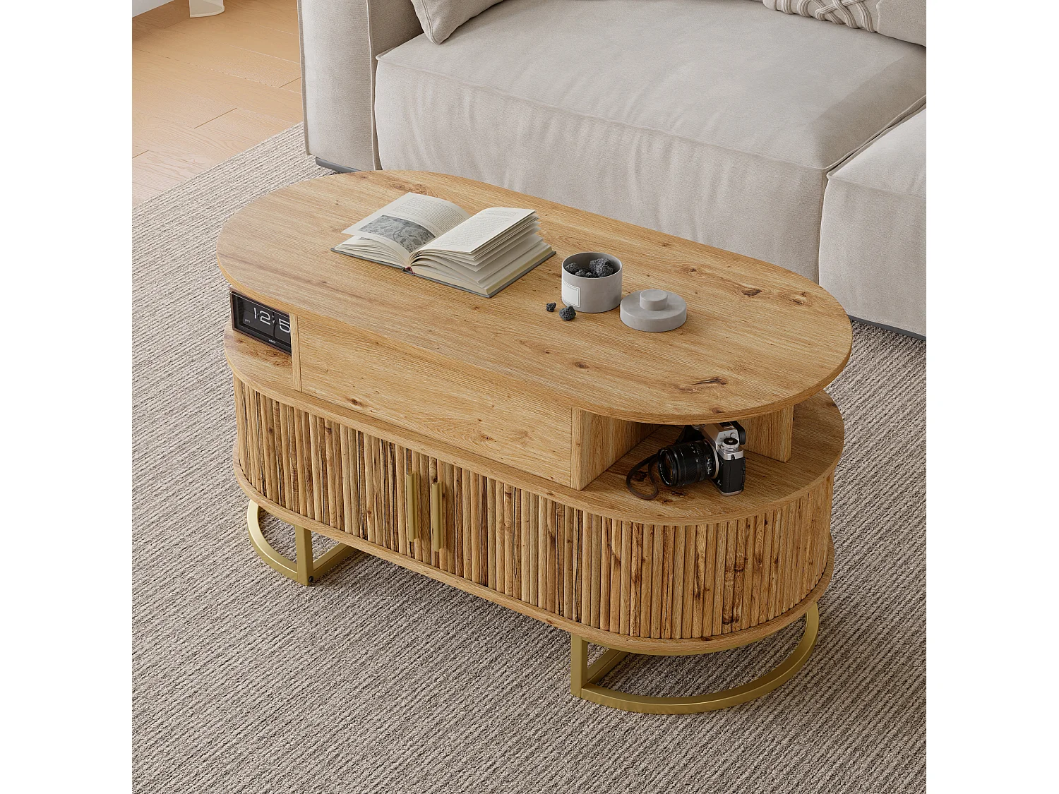 Table basse ovale relevable 100x50x64 cm - Hauteur réglable - 2 portes coulissantes - Structure en tubes d'acier - MDF - Naturel