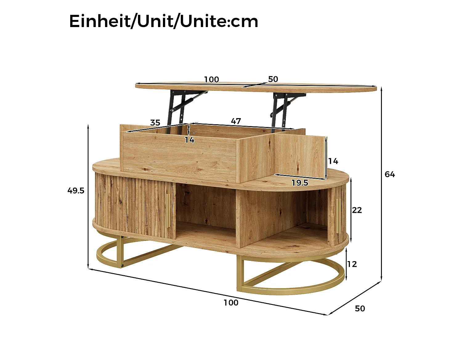 Table basse ovale relevable 100x50x64 cm - Hauteur réglable - 2 portes coulissantes - Structure en tubes d'acier - MDF - Naturel