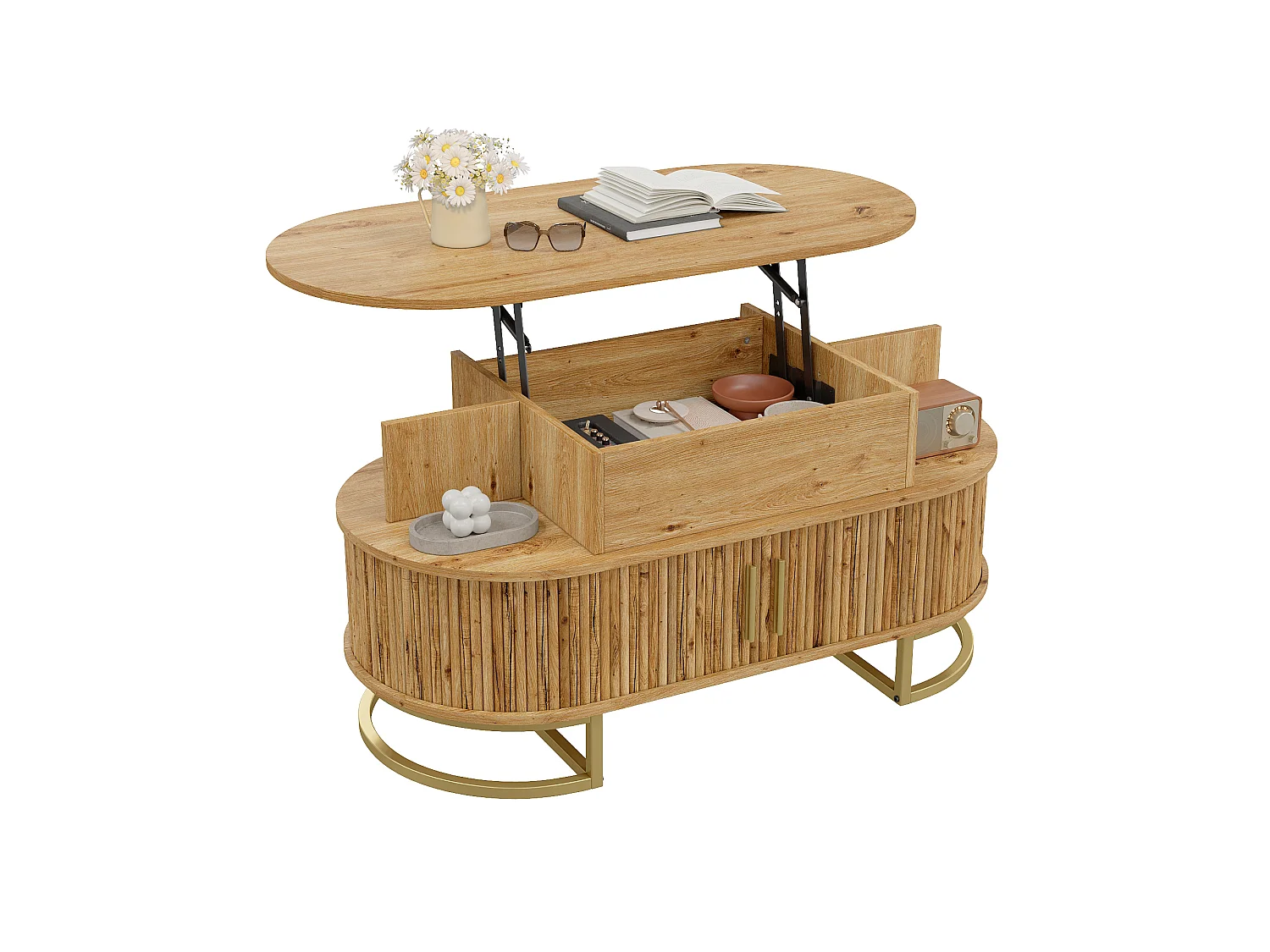 Table basse ovale relevable 100x50x64 cm - Hauteur réglable - 2 portes coulissantes - Structure en tubes d'acier - MDF - Naturel