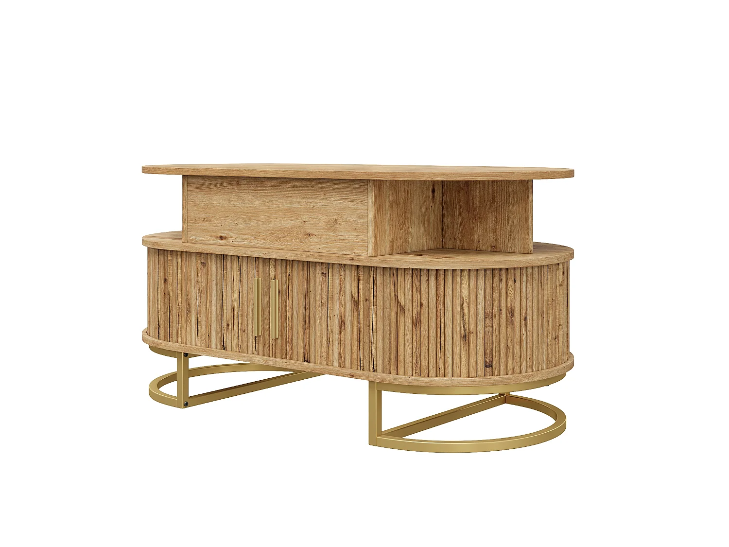 Table basse ovale relevable 100x50x64 cm - Hauteur réglable - 2 portes coulissantes - Structure en tubes d'acier - MDF - Naturel