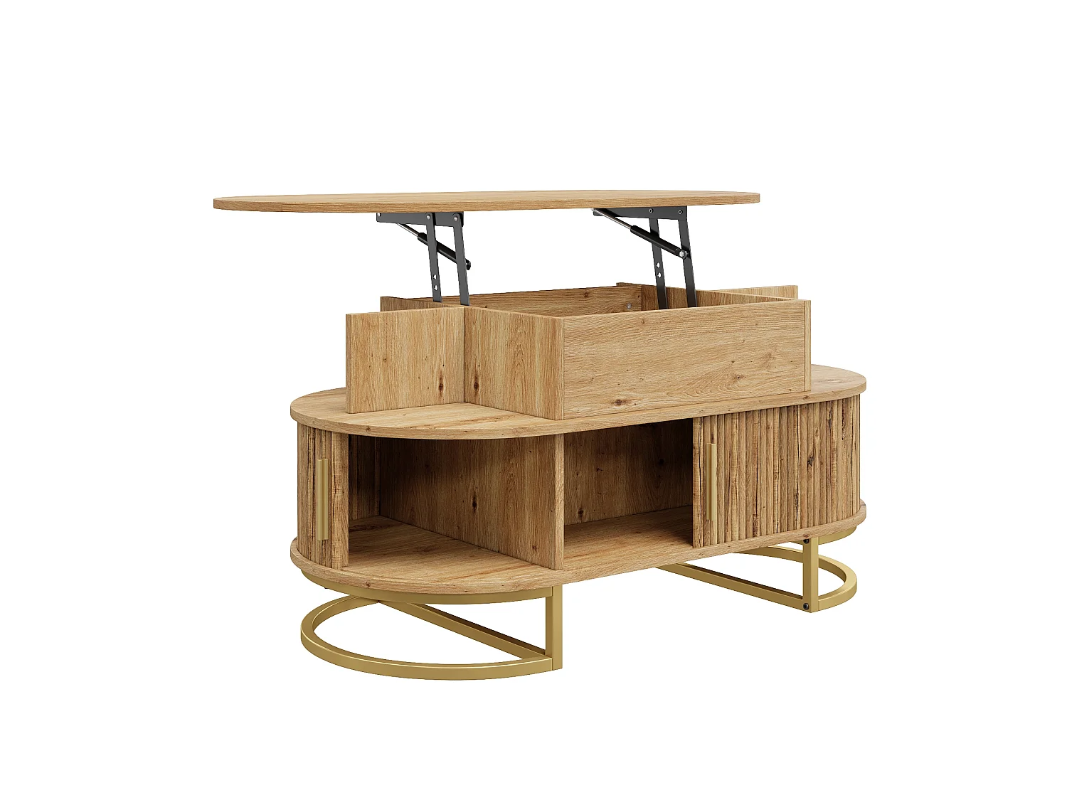 Table basse ovale relevable 100x50x64 cm - Hauteur réglable - 2 portes coulissantes - Structure en tubes d'acier - MDF - Naturel