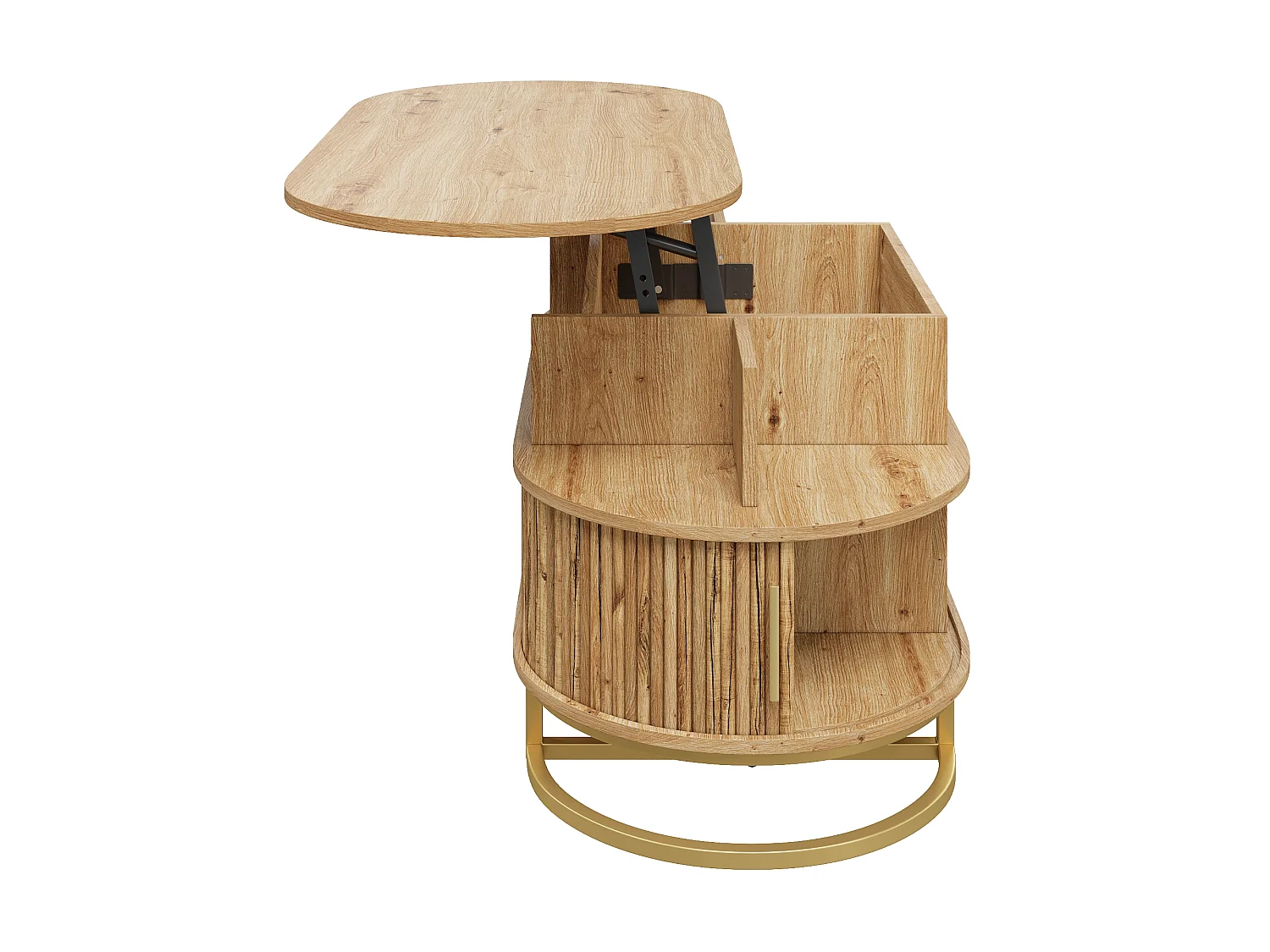 Table basse ovale relevable 100x50x64 cm - Hauteur réglable - 2 portes coulissantes - Structure en tubes d'acier - MDF - Naturel