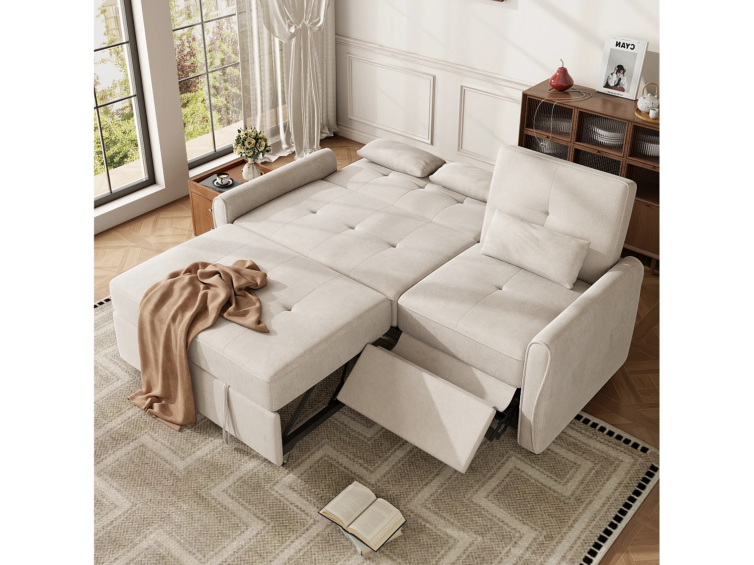 Rechte bank 3 zitplaatsen - 3-in-1 slaapbank - chenillestof - verstelbare rugleuning in 3 standen (90°, 145°, 180°) - Beige