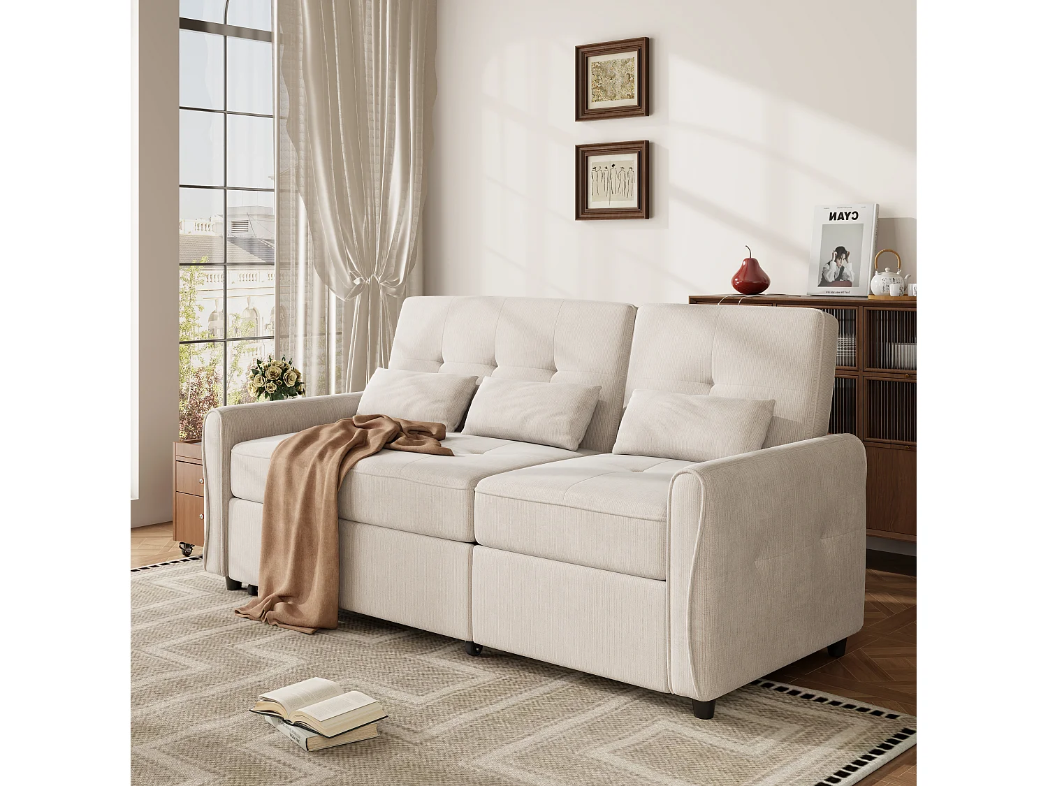 Rechte bank 3 zitplaatsen - 3-in-1 slaapbank - chenillestof - verstelbare rugleuning in 3 standen (90°, 145°, 180°) - Beige