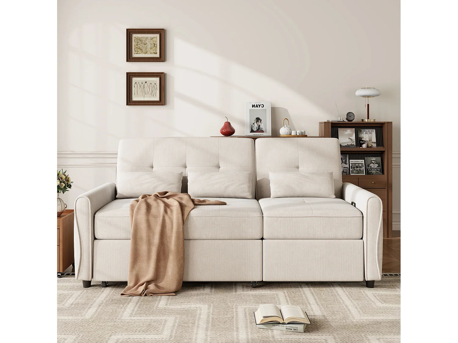 Rechte bank 3 zitplaatsen - 3-in-1 slaapbank - chenillestof - verstelbare rugleuning in 3 standen (90°, 145°, 180°) - Beige