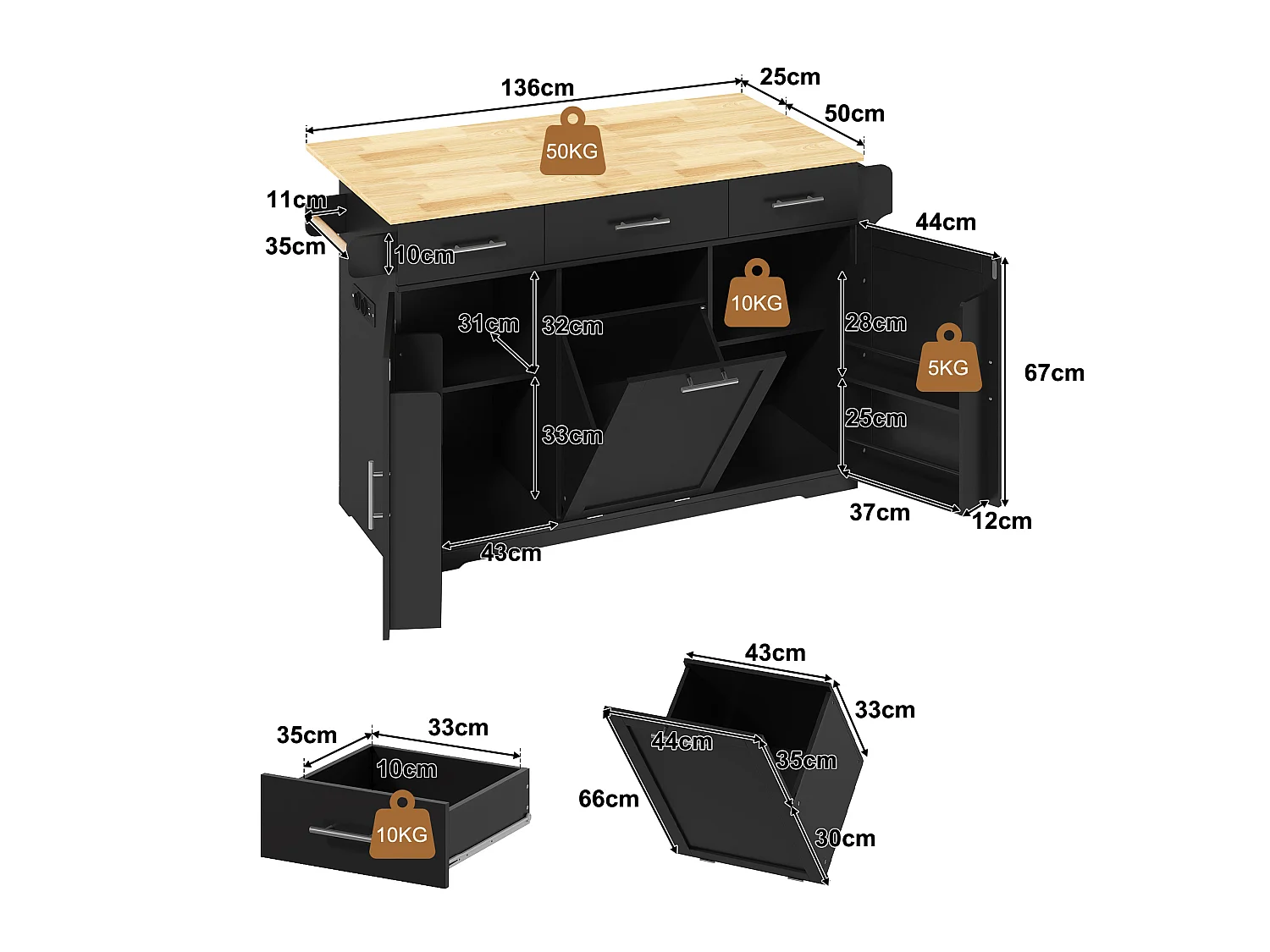 Mobiel Keukeneiland 136cm - Keukenkar met Inklapbaar Plateau, USB-poorten, 3 Laden & Afvalkastje, Moderne Stijl - Zwart