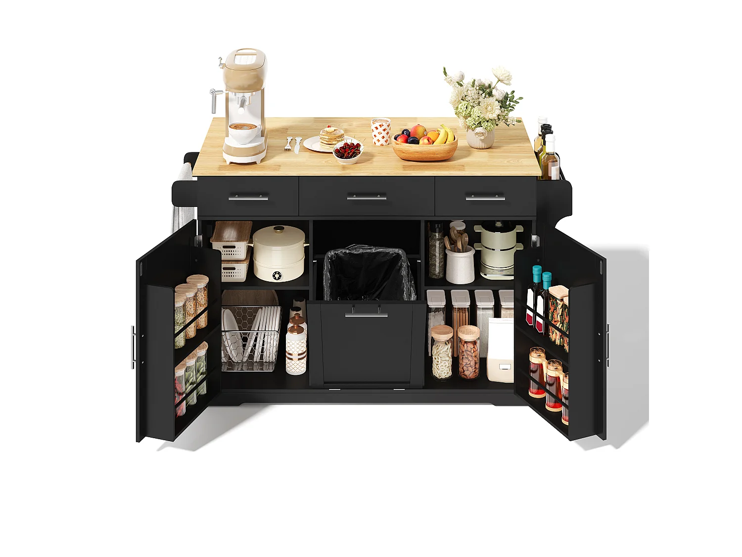 Mobiel Keukeneiland 136cm - Keukenkar met Inklapbaar Plateau, USB-poorten, 3 Laden & Afvalkastje, Moderne Stijl - Zwart