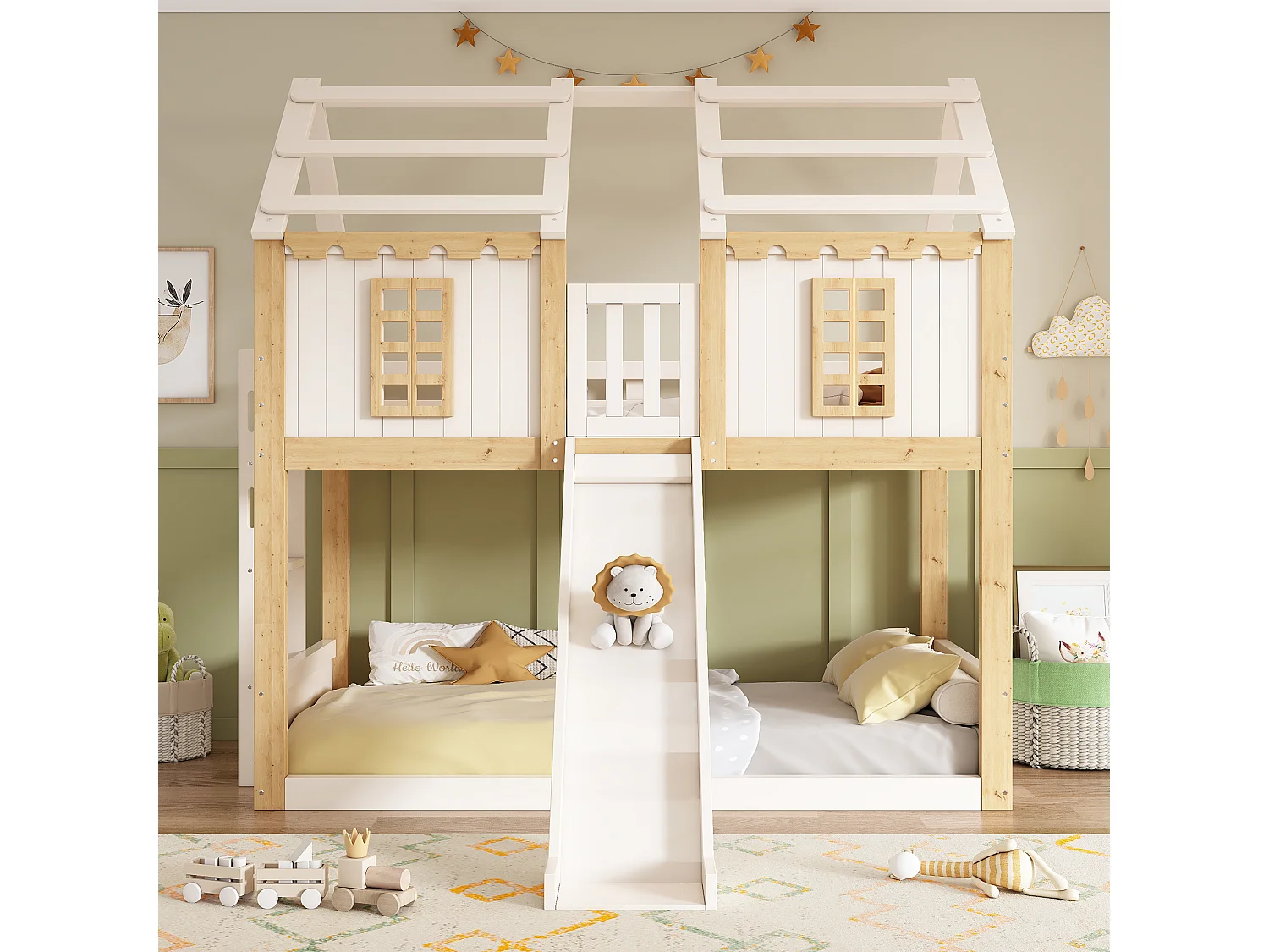 Lit superposé enfant 90x200cm - avec toboggan et échelle - avec fenêtres et garde-corps de sécurité - blanc et naturel (sans matelas)