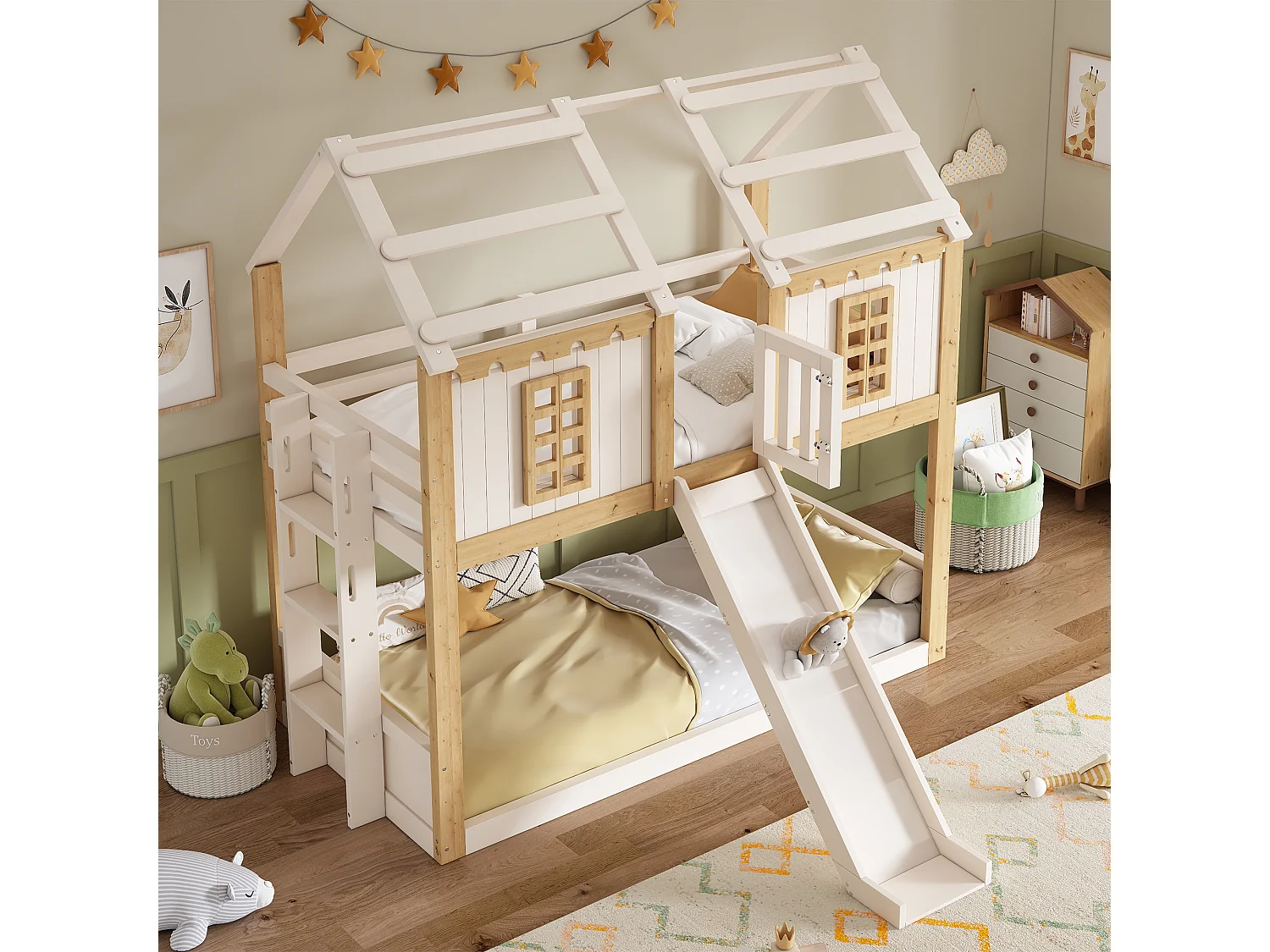 Lit superposé enfant 90x200cm - avec toboggan et échelle - avec fenêtres et garde-corps de sécurité - blanc et naturel (sans matelas)