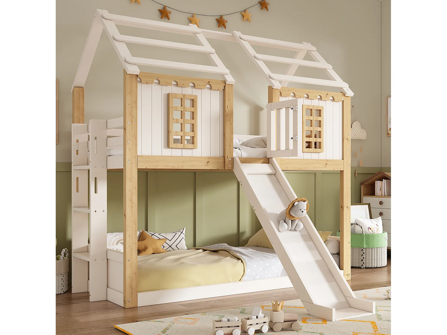 Lit superposé enfant 90x200cm - avec toboggan et échelle - avec fenêtres et garde-corps de sécurité - blanc et naturel (sans matelas)