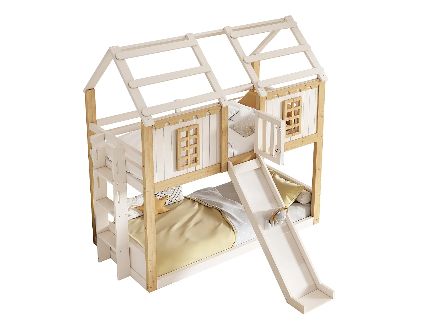 Lit superposé enfant 90x200cm - avec toboggan et échelle - avec fenêtres et garde-corps de sécurité - blanc et naturel (sans matelas)