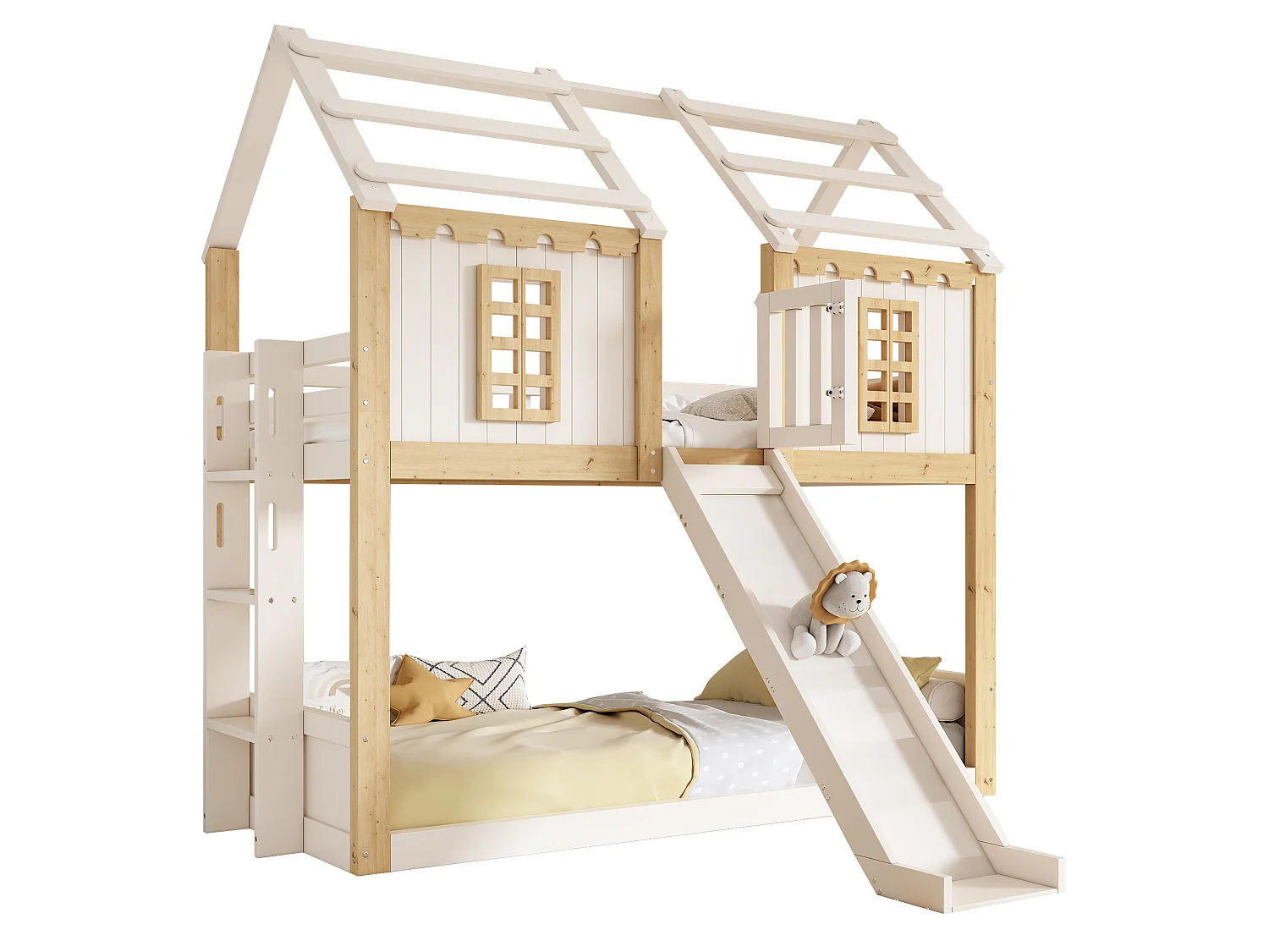 Lit superposé enfant 90x200cm - avec toboggan et échelle - avec fenêtres et garde-corps de sécurité - blanc et naturel (sans matelas)