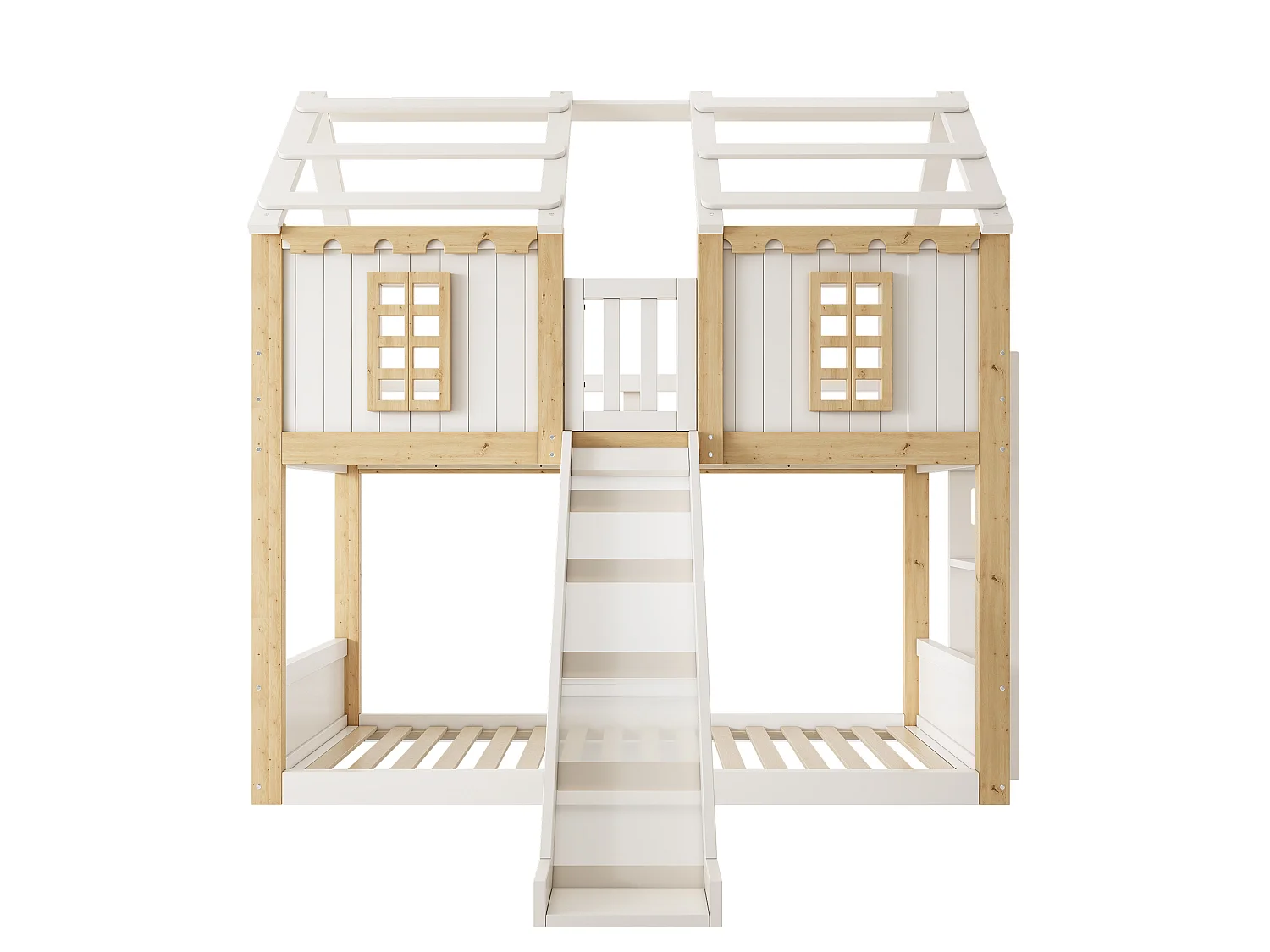 Lit superposé enfant 90x200cm - avec toboggan et échelle - avec fenêtres et garde-corps de sécurité - blanc et naturel (sans matelas)